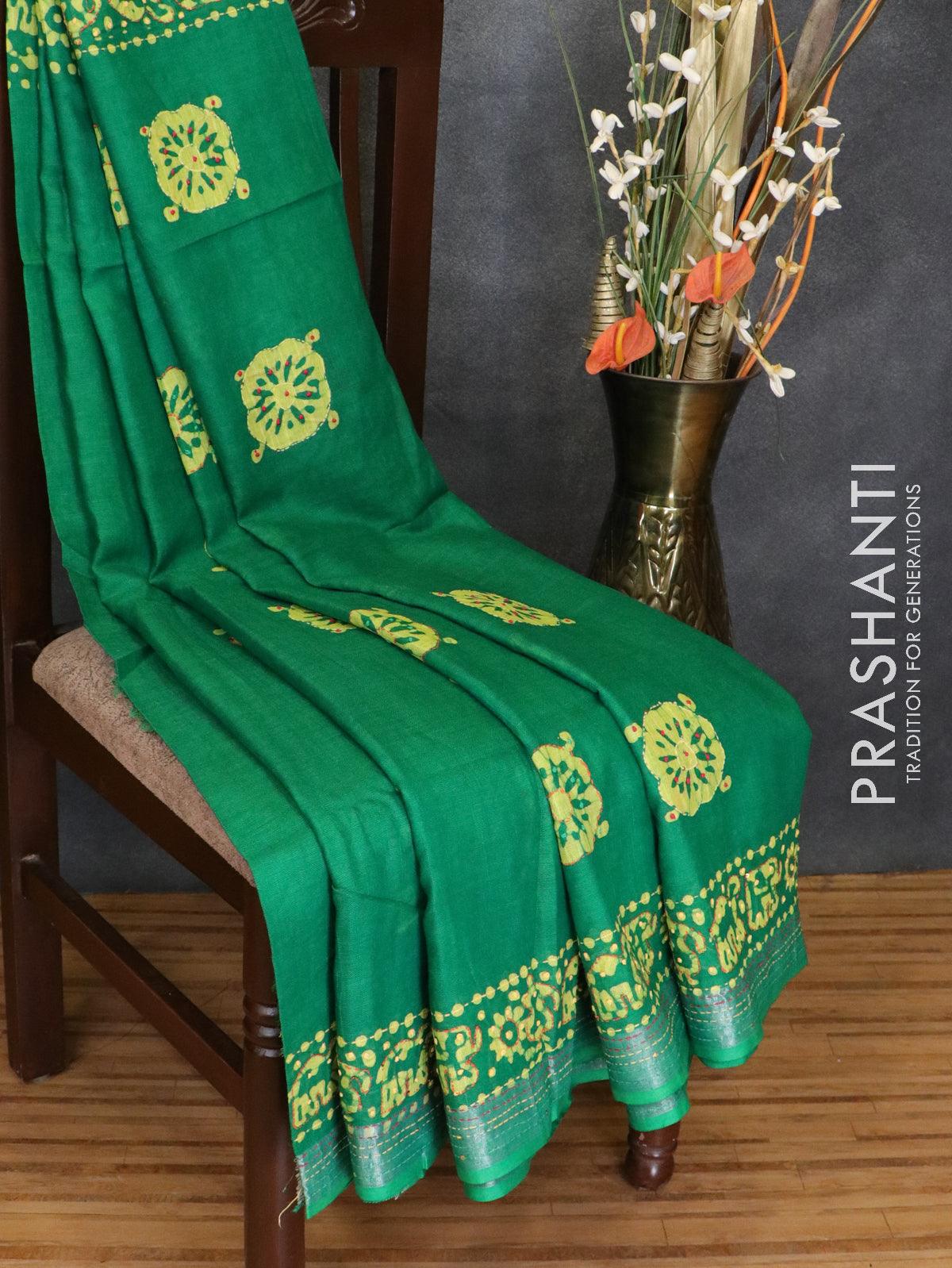 Semi linen saree green with kantha stitch work  and silver zari border - Image 2
