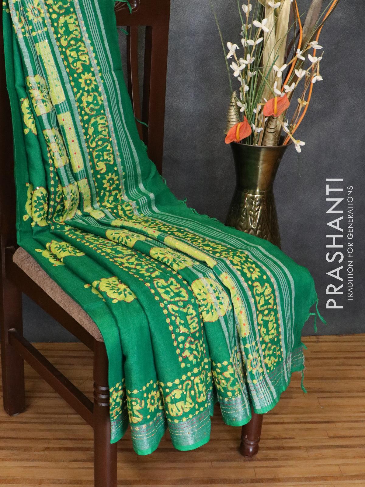 Semi linen saree green with kantha stitch work  and silver zari border - Image 3