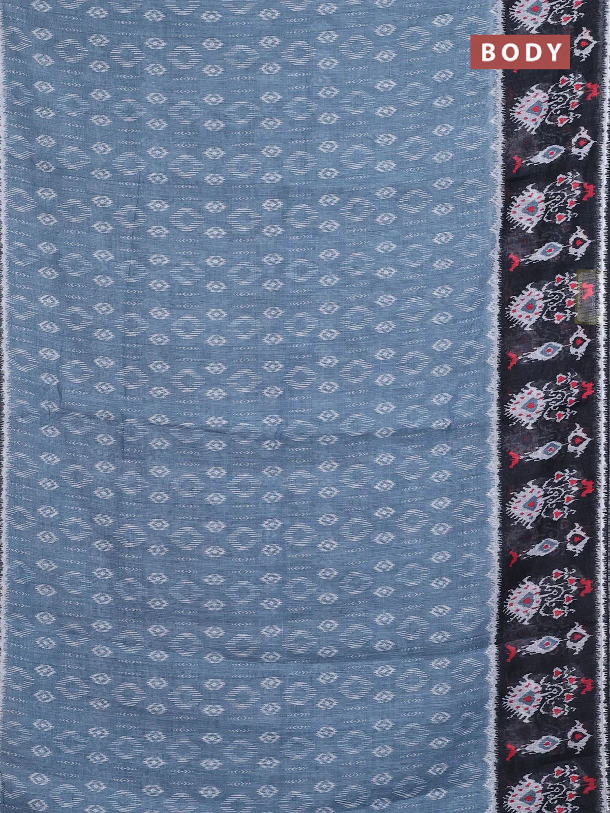 Semi linen saree grey and black with allover ikat prints and long printed border - Image 2