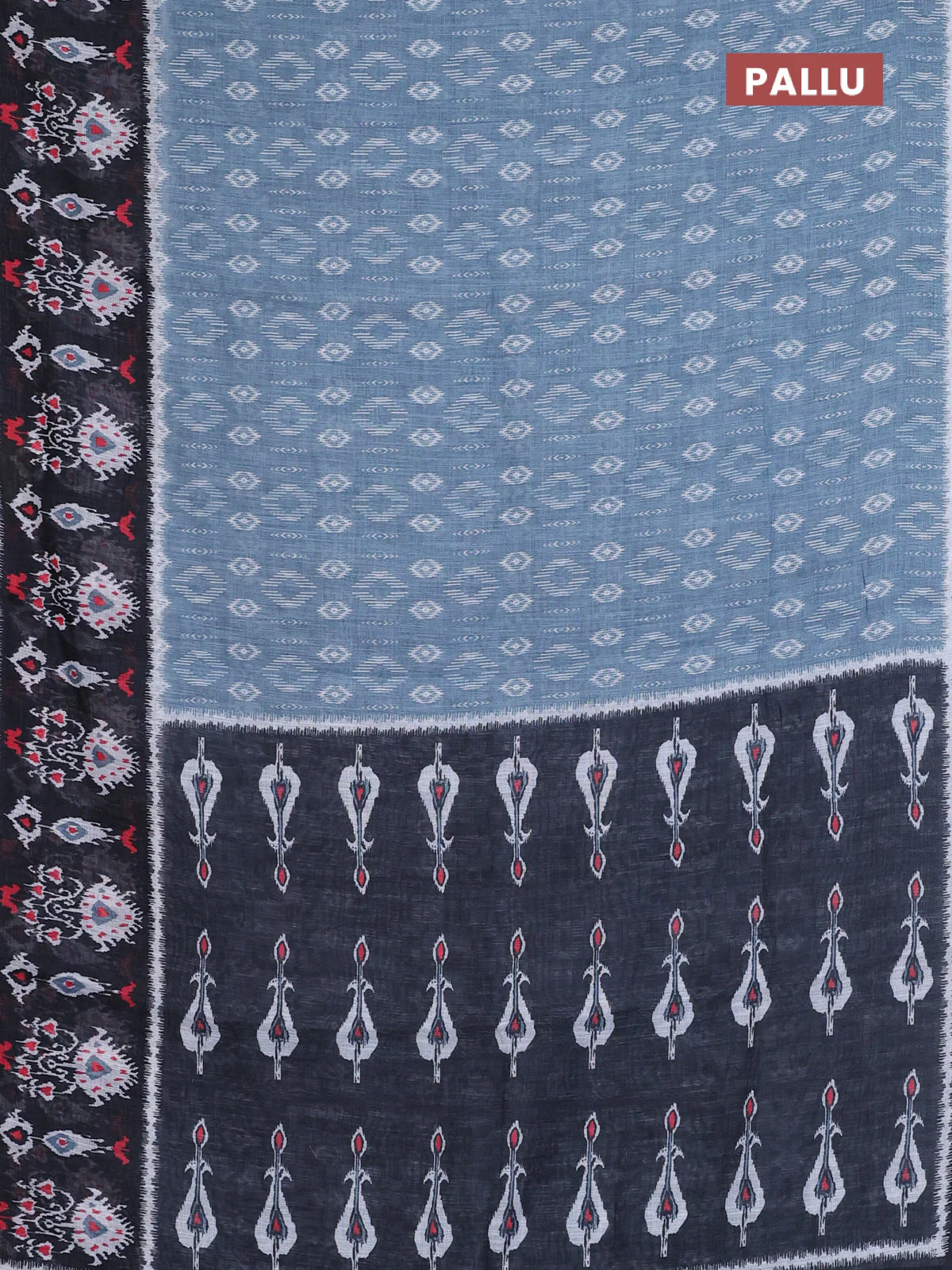 Semi linen saree grey and black with allover ikat prints and long printed border - Image 3