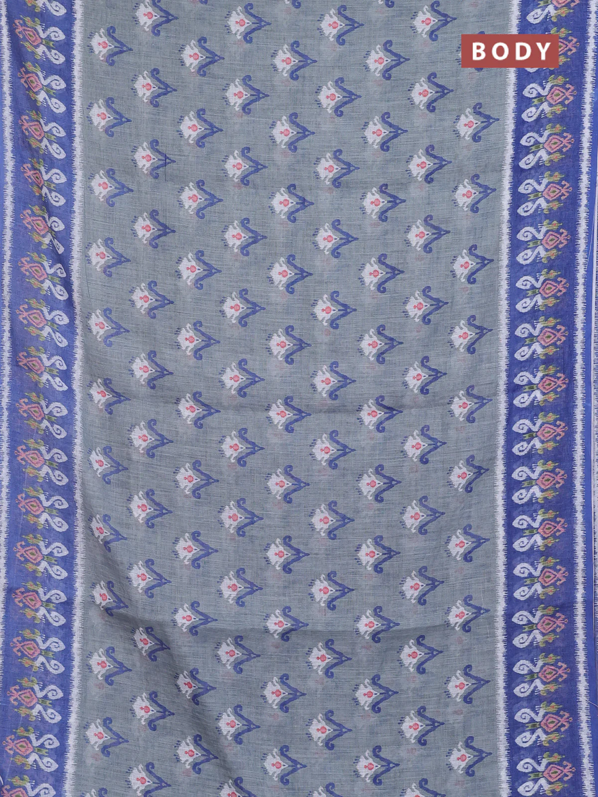 Semi linen saree grey and blue with allover ikat butta prints and printed border - Image 2