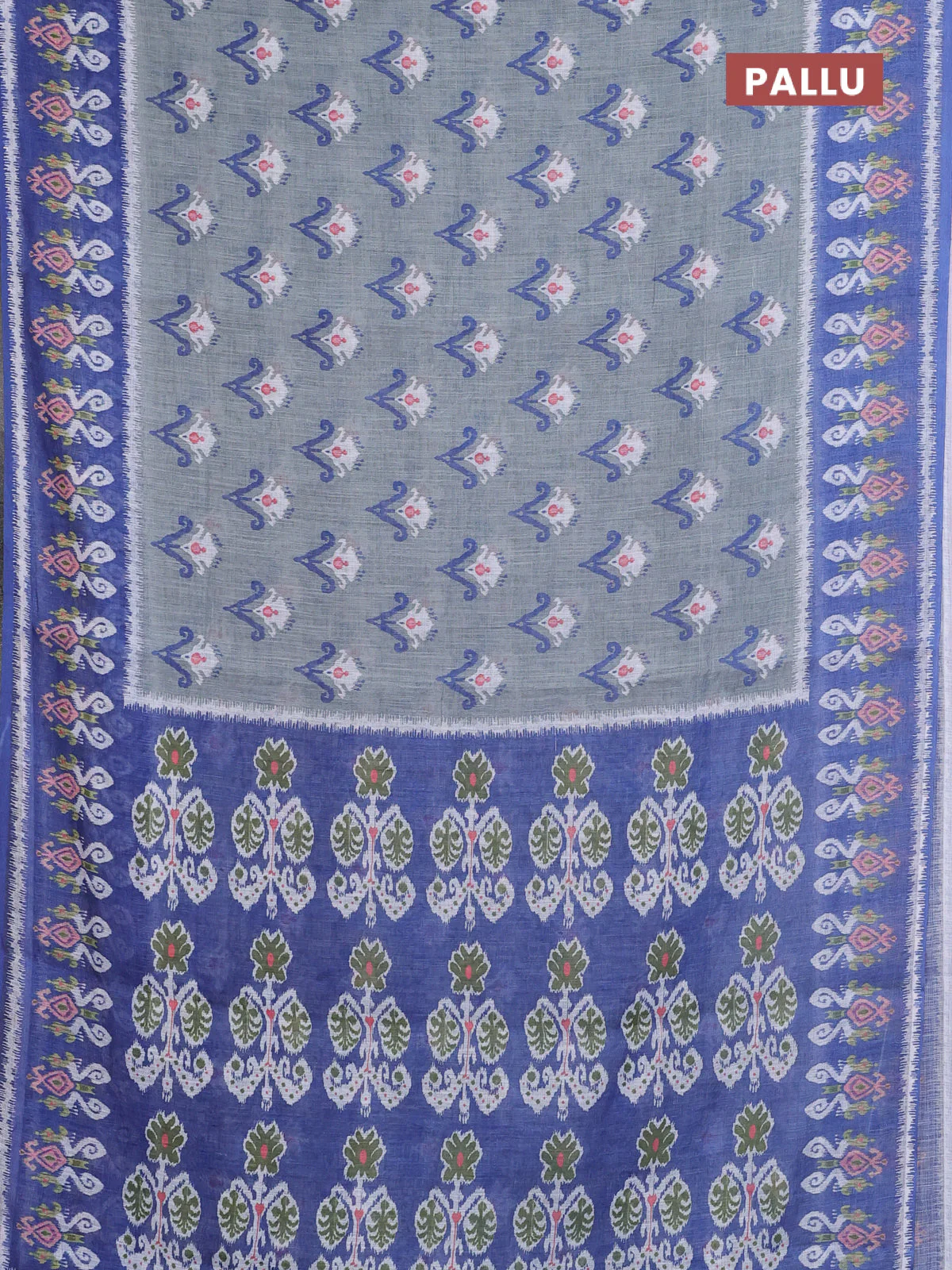 Semi linen saree grey and blue with allover ikat butta prints and printed border - Image 3