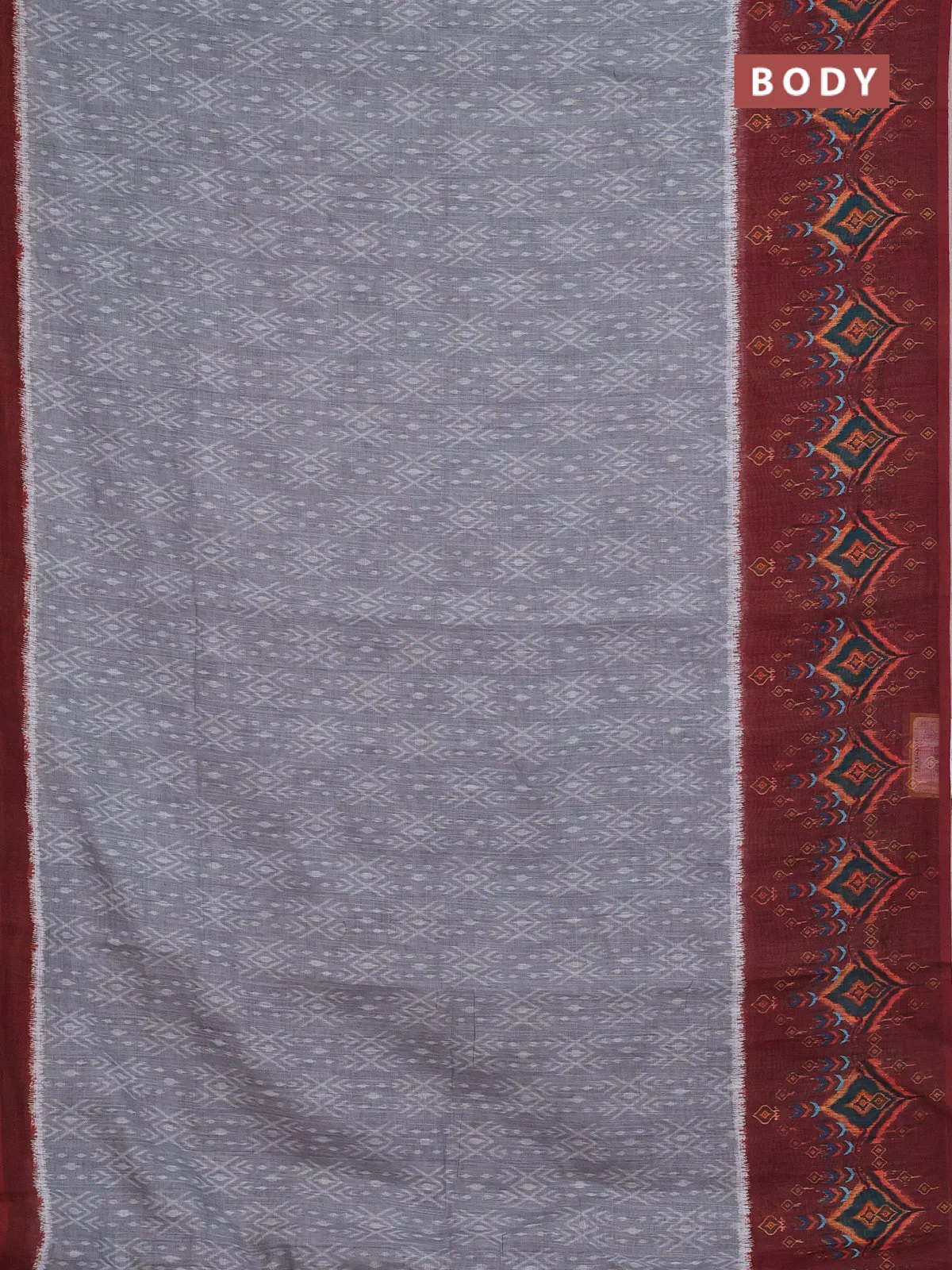 Semi linen saree grey and brown with allover ikat prints and long printed border - Image 2