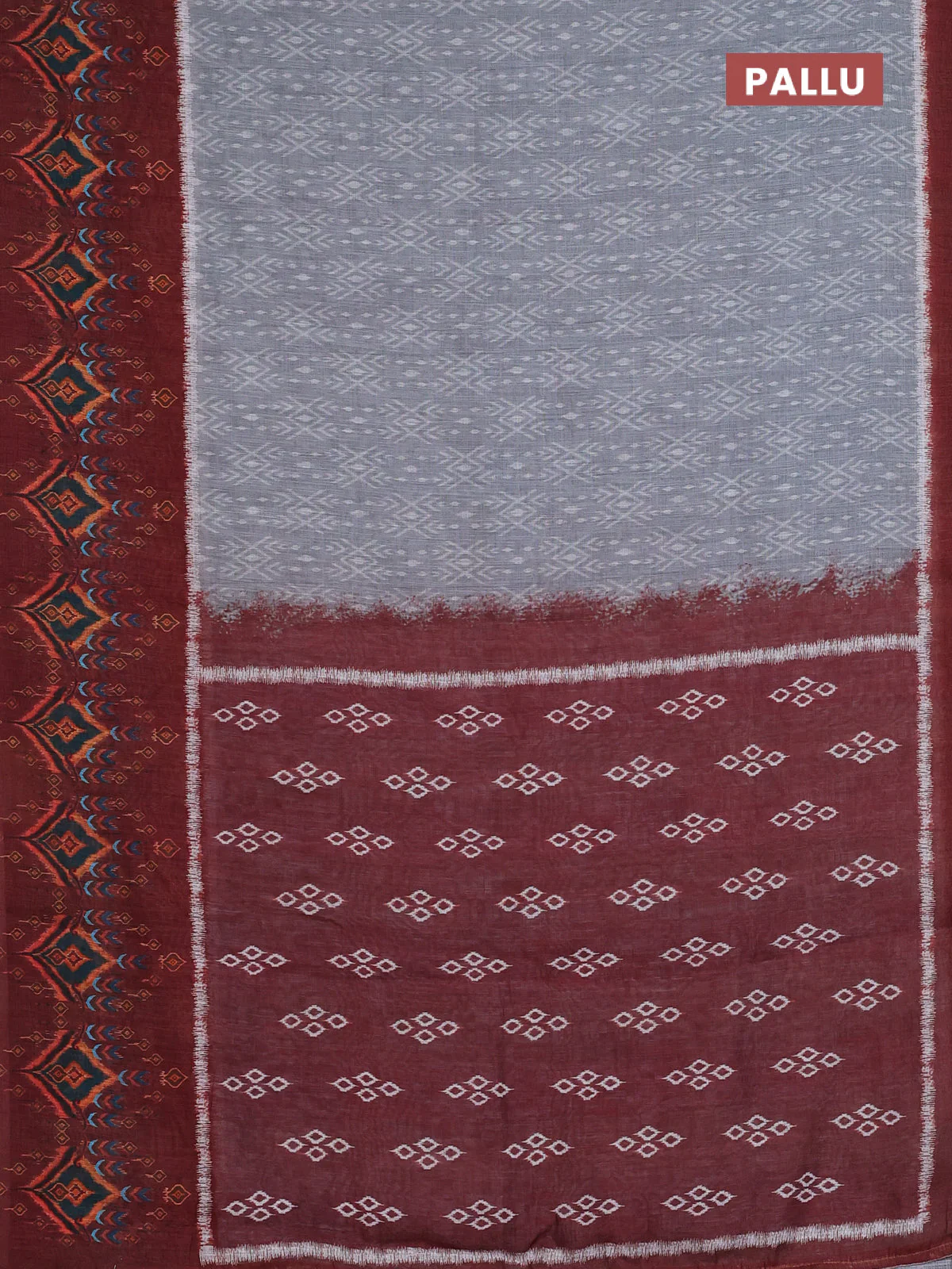 Semi linen saree grey and brown with allover ikat prints and long printed border - Image 3