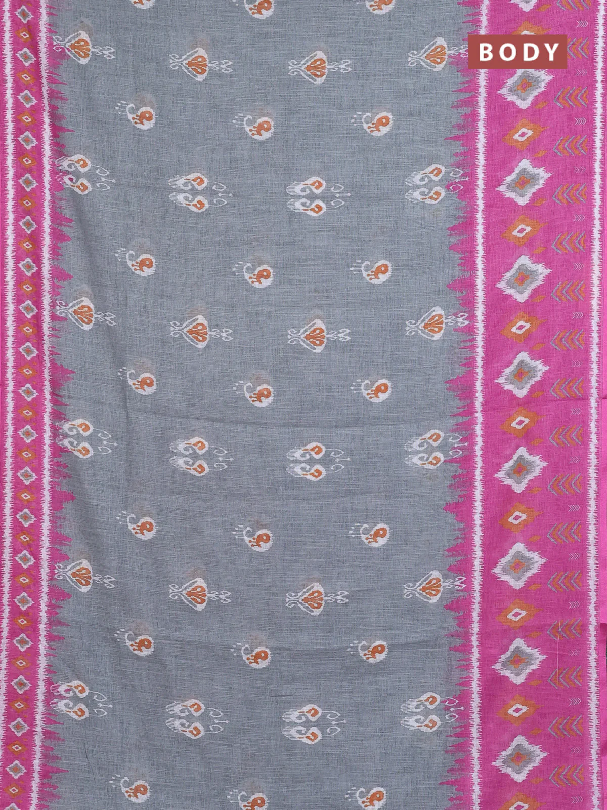 Semi linen saree grey and pink with allover ikat butta prints and long printed border - Image 2