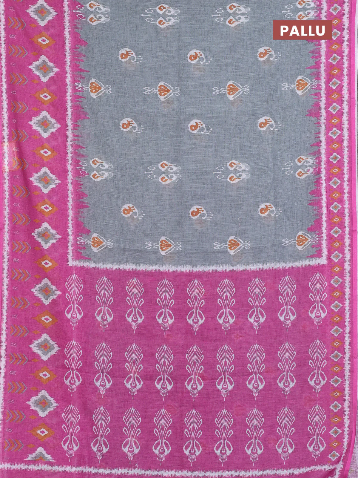 Semi linen saree grey and pink with allover ikat butta prints and long printed border - Image 3