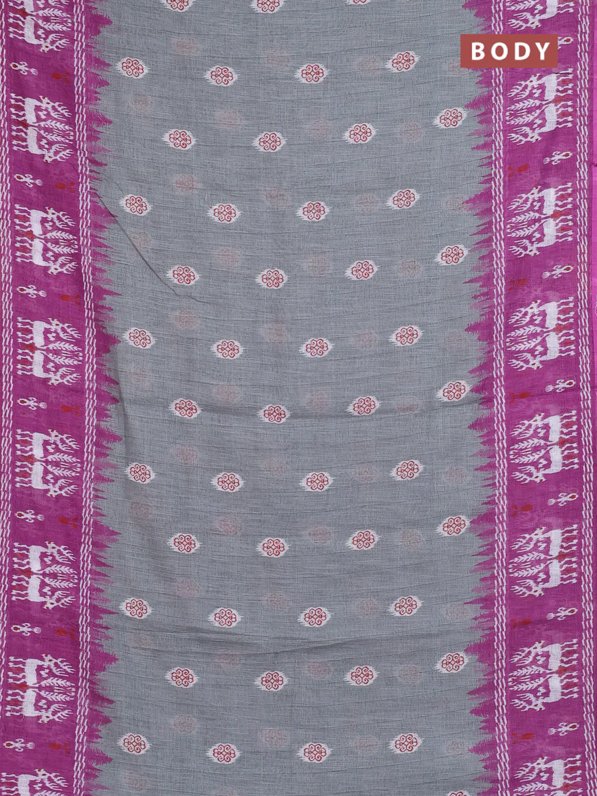 Semi linen saree grey and purple with allover ikat butta prints and long printed border - Image 2