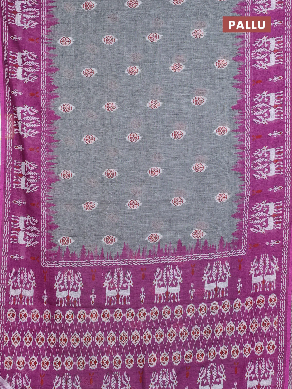 Semi linen saree grey and purple with allover ikat butta prints and long printed border - Image 3