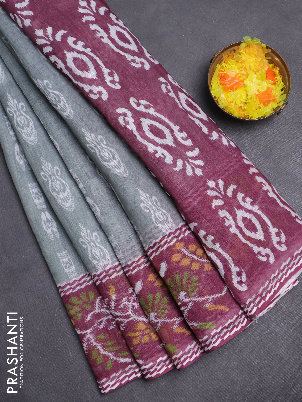 Semi linen saree grey and wine shade with allover ikat butta prints and long printed border