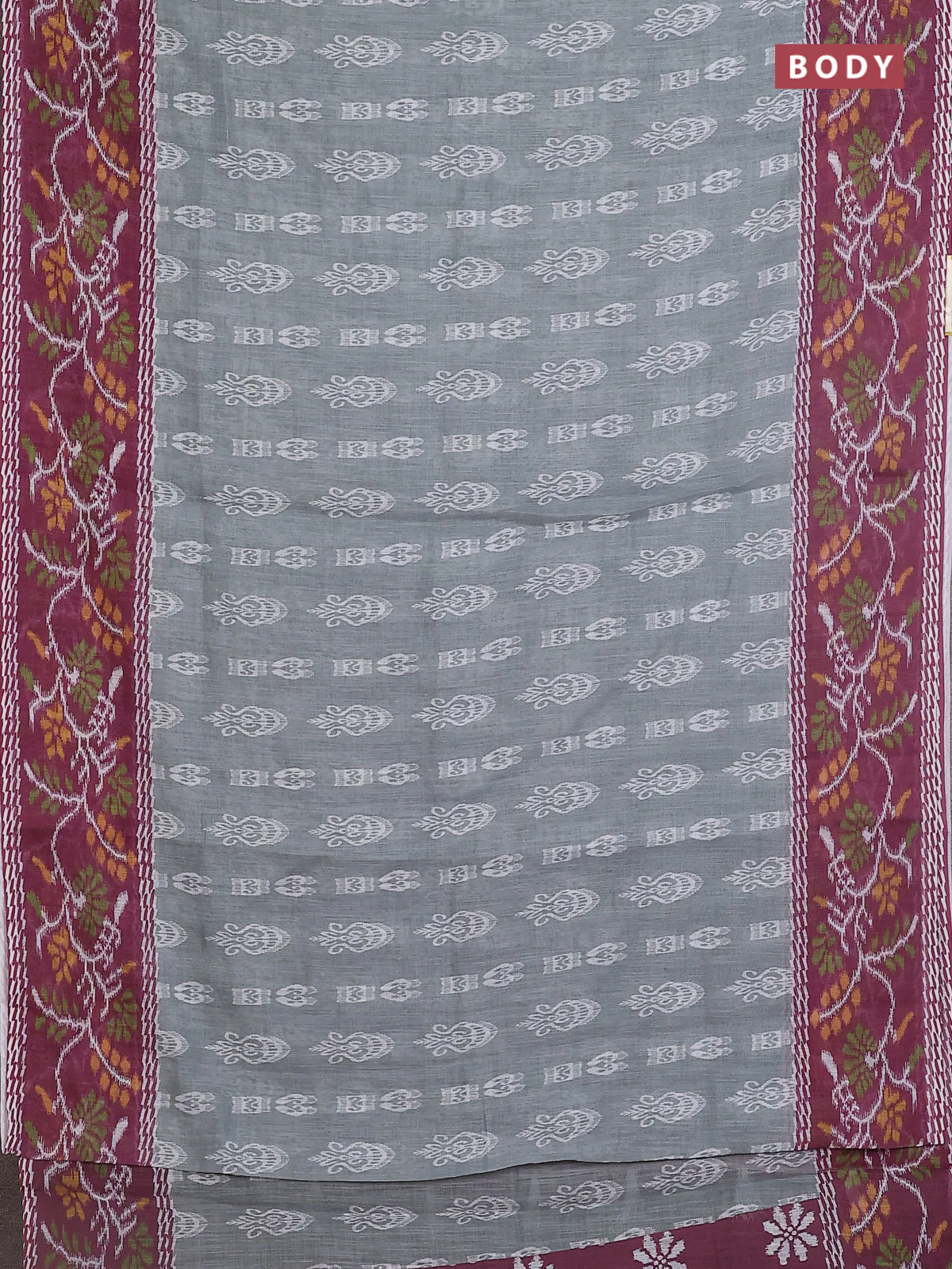 Semi linen saree grey and wine shade with allover ikat butta prints and long printed border - Image 2