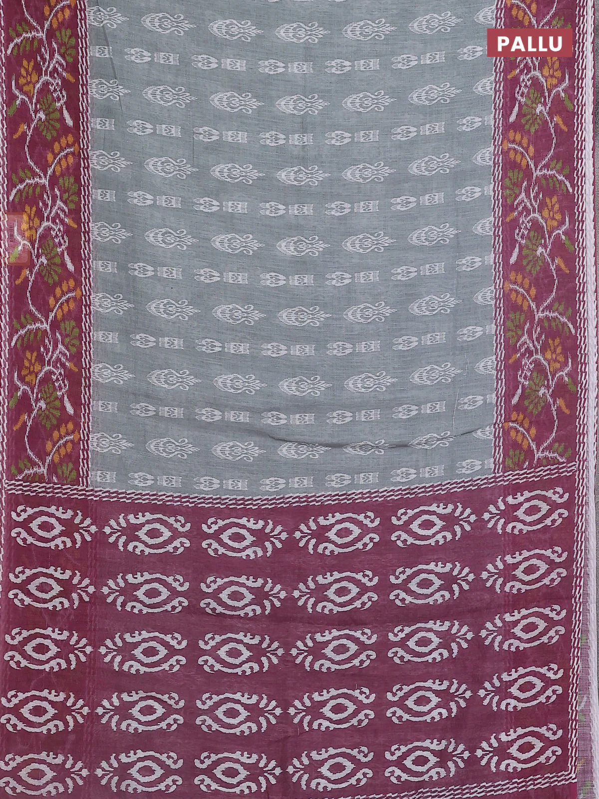 Semi linen saree grey and wine shade with allover ikat butta prints and long printed border - Image 3