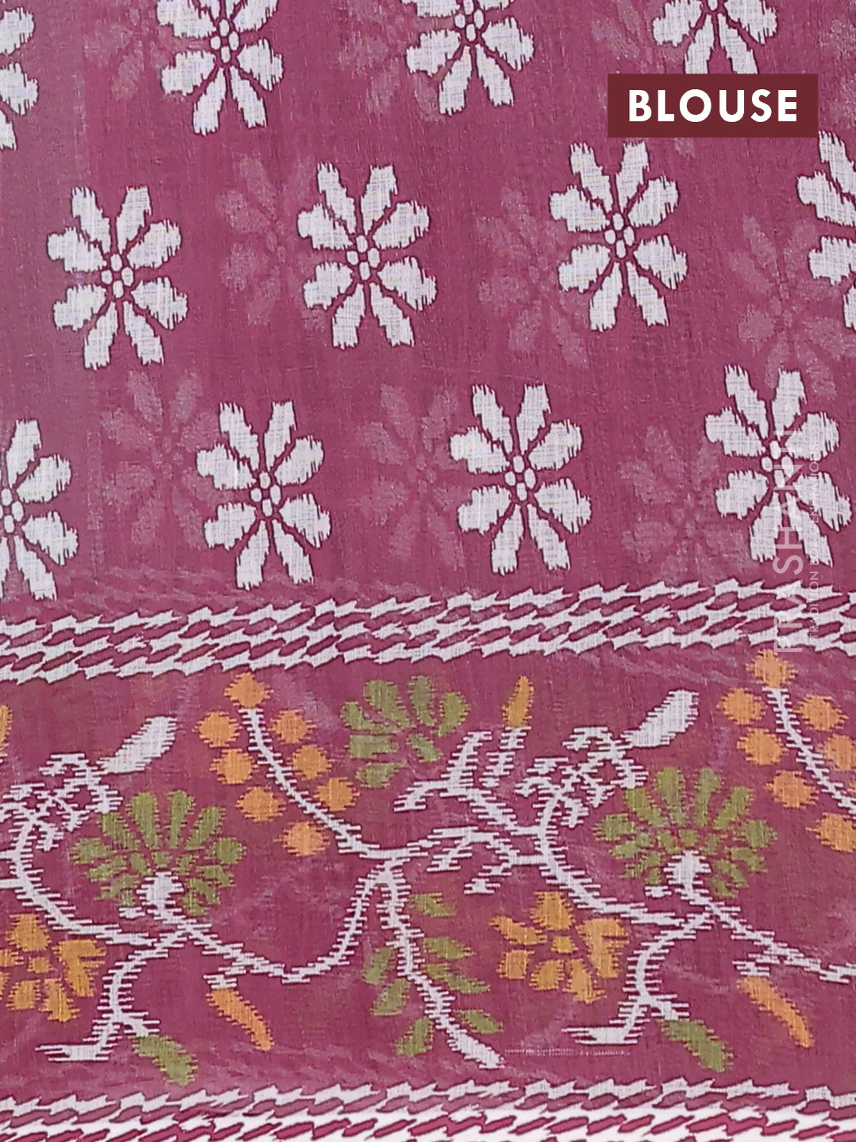 Semi linen saree grey and wine shade with allover ikat butta prints and long printed border - Image 4