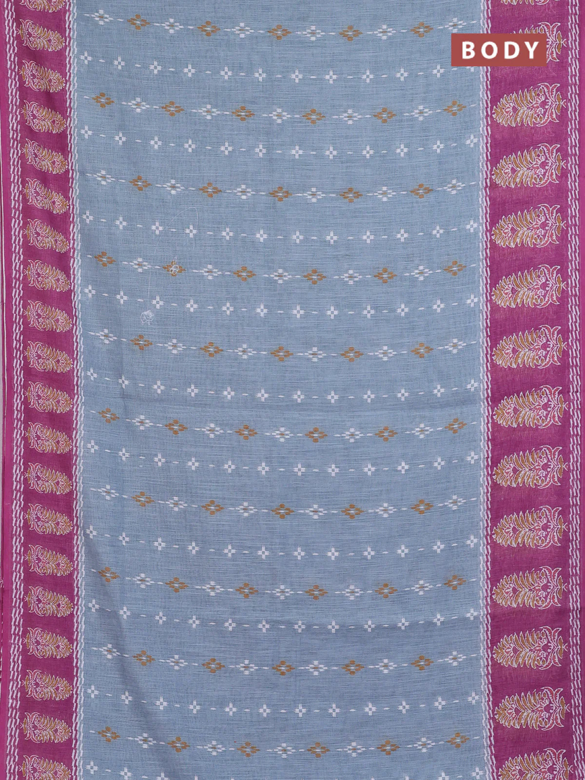 Semi linen saree grey and wine shade with allover ikat prints and long printed border - Image 2