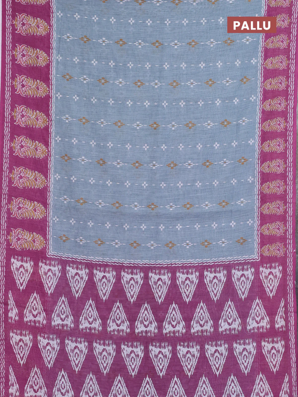 Semi linen saree grey and wine shade with allover ikat prints and long printed border - Image 3