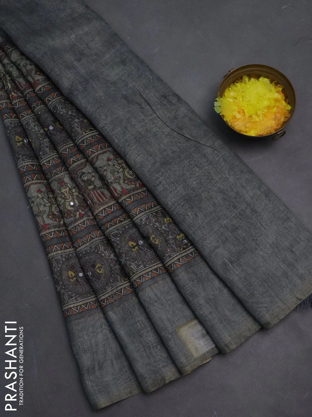Semi linen saree grey shade with allover madhubani prints & mirror work
