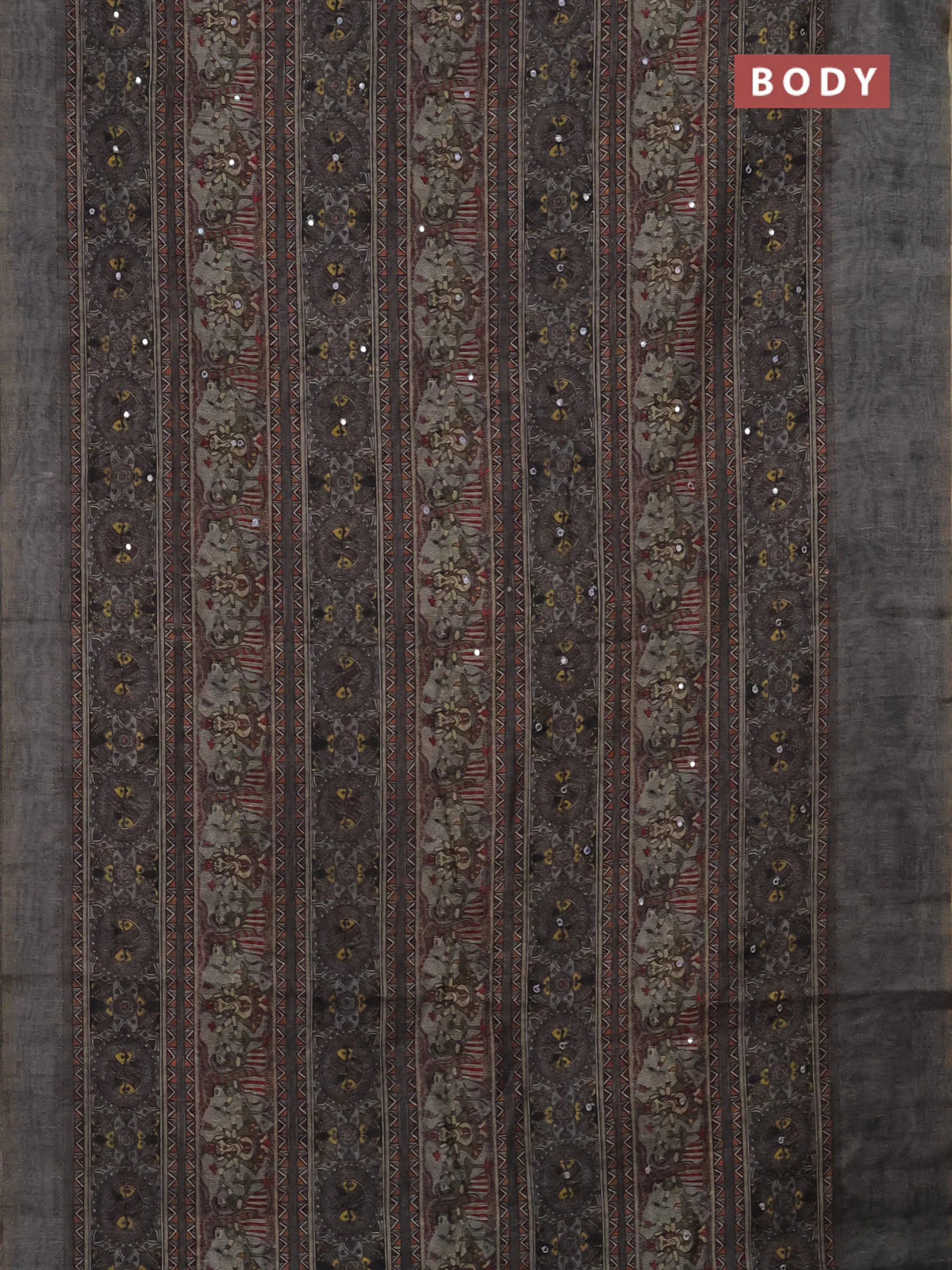 Semi linen saree grey shade with allover madhubani prints & mirror work - Image 2