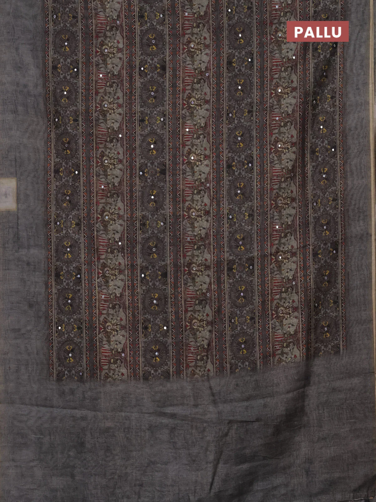 Semi linen saree grey shade with allover madhubani prints & mirror work - Image 3