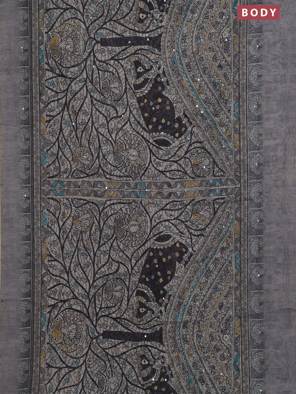 Semi linen saree grey shade with allover madhubani prints & mirror work - Image 2