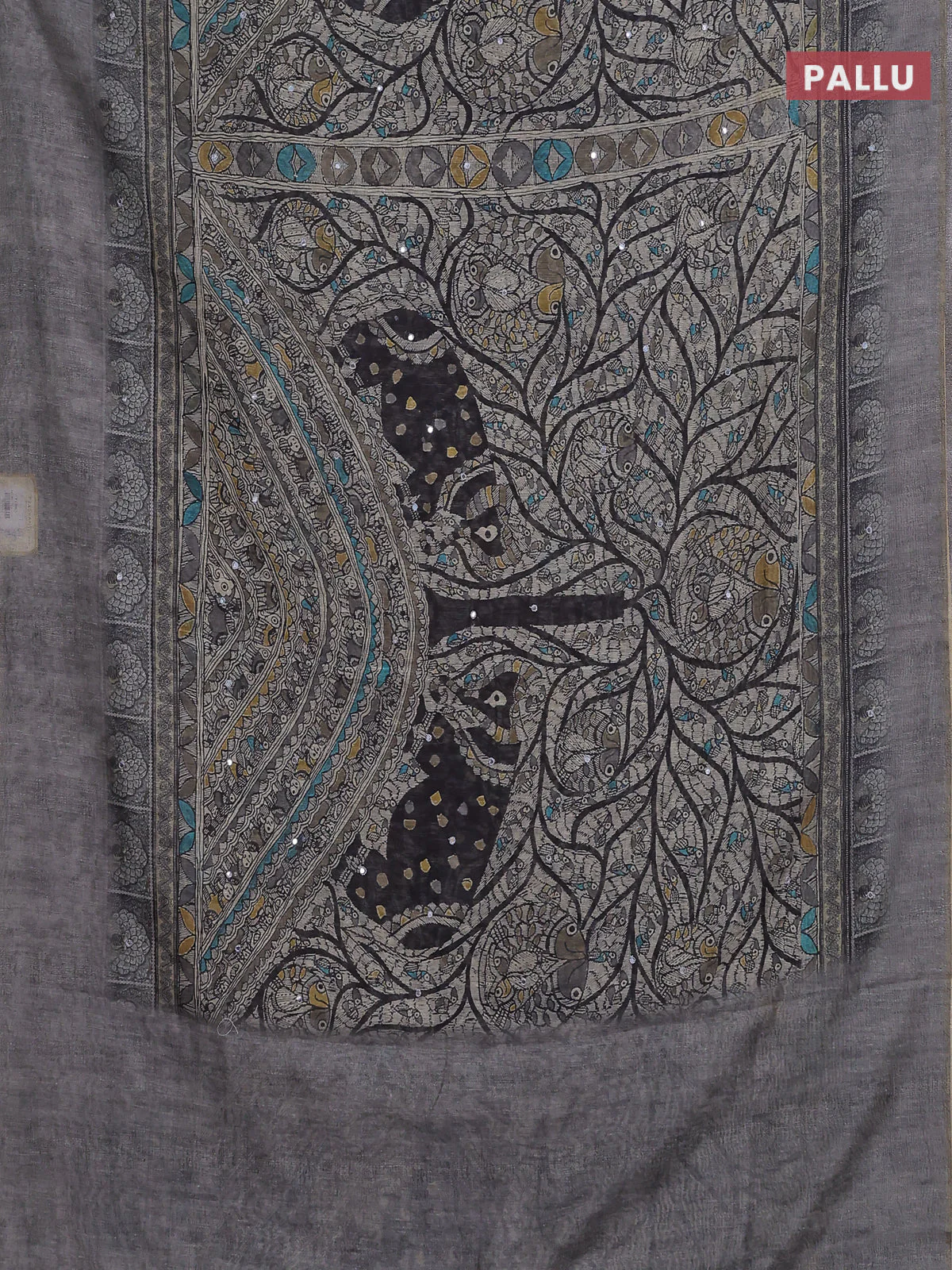 Semi linen saree grey shade with allover madhubani prints & mirror work - Image 3