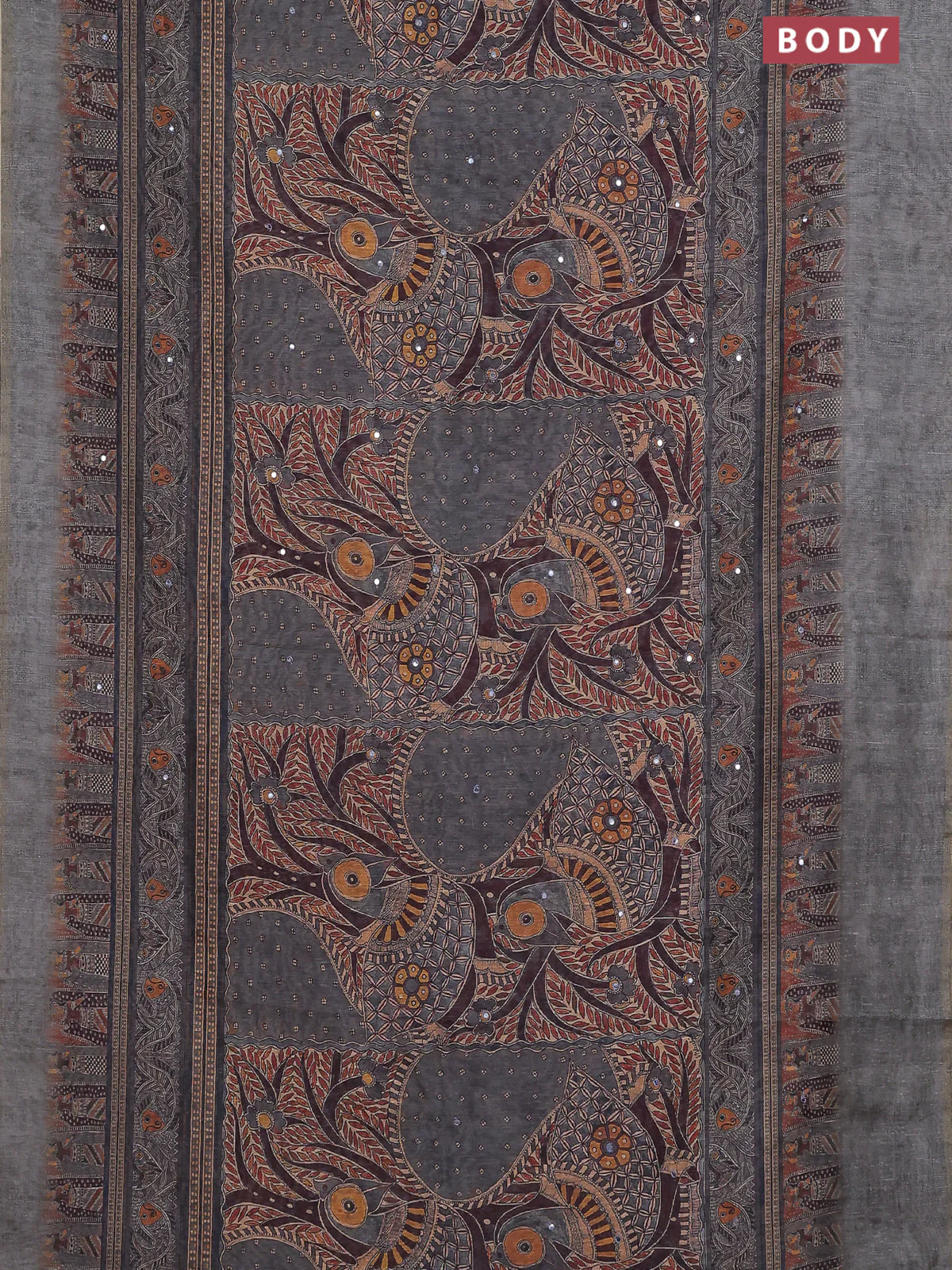Semi linen saree grey shade with allover madhubani prints & mirror work - Image 2