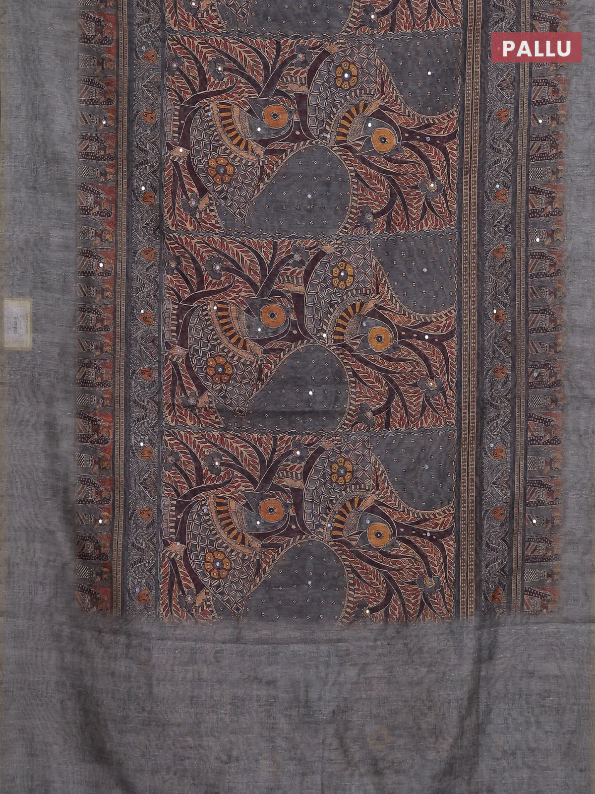 Semi linen saree grey shade with allover madhubani prints & mirror work - Image 3