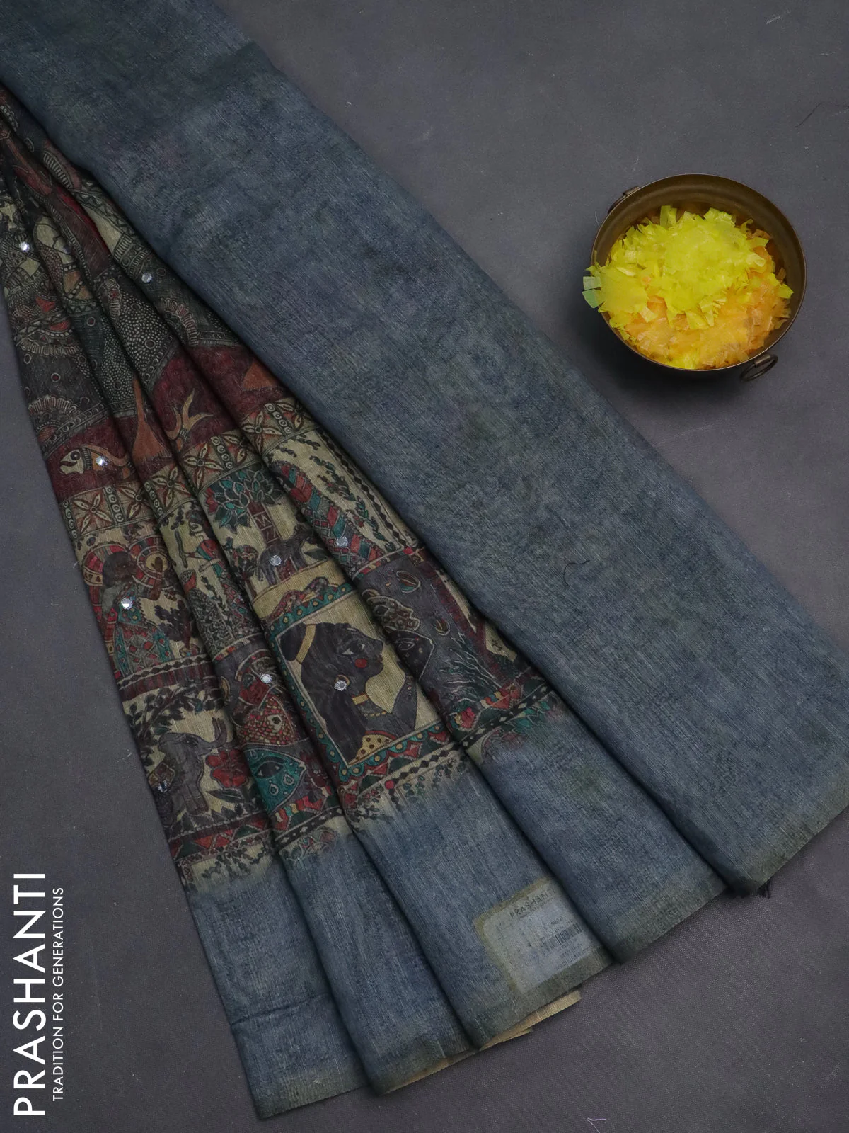 Semi linen saree grey shade with allover madhubani prints & mirror work