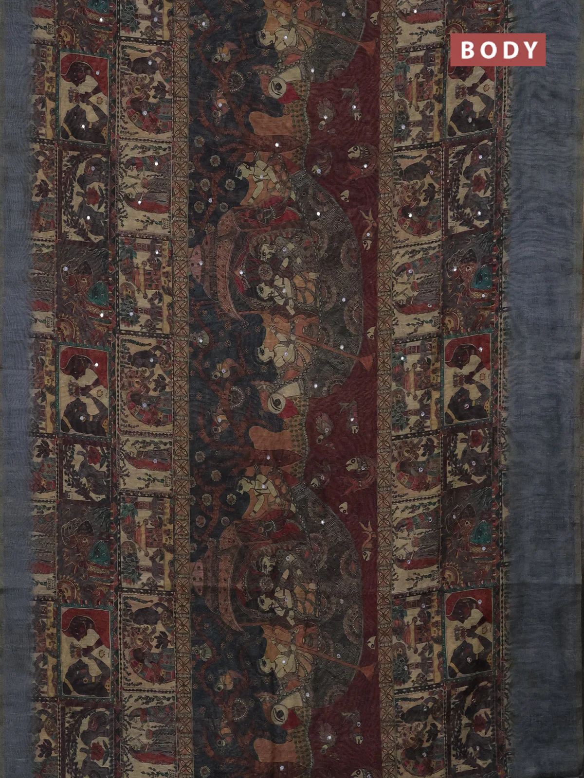 Semi linen saree grey shade with allover madhubani prints & mirror work - Image 2