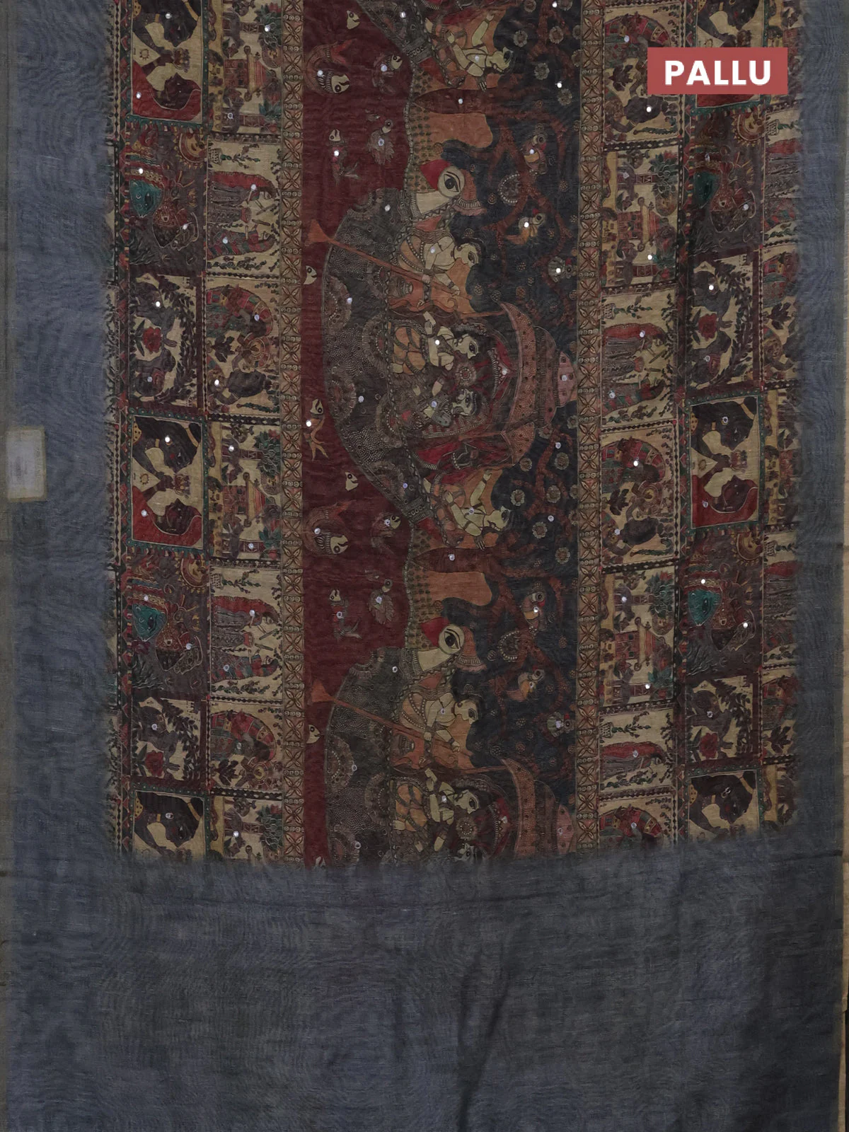 Semi linen saree grey shade with allover madhubani prints & mirror work - Image 3