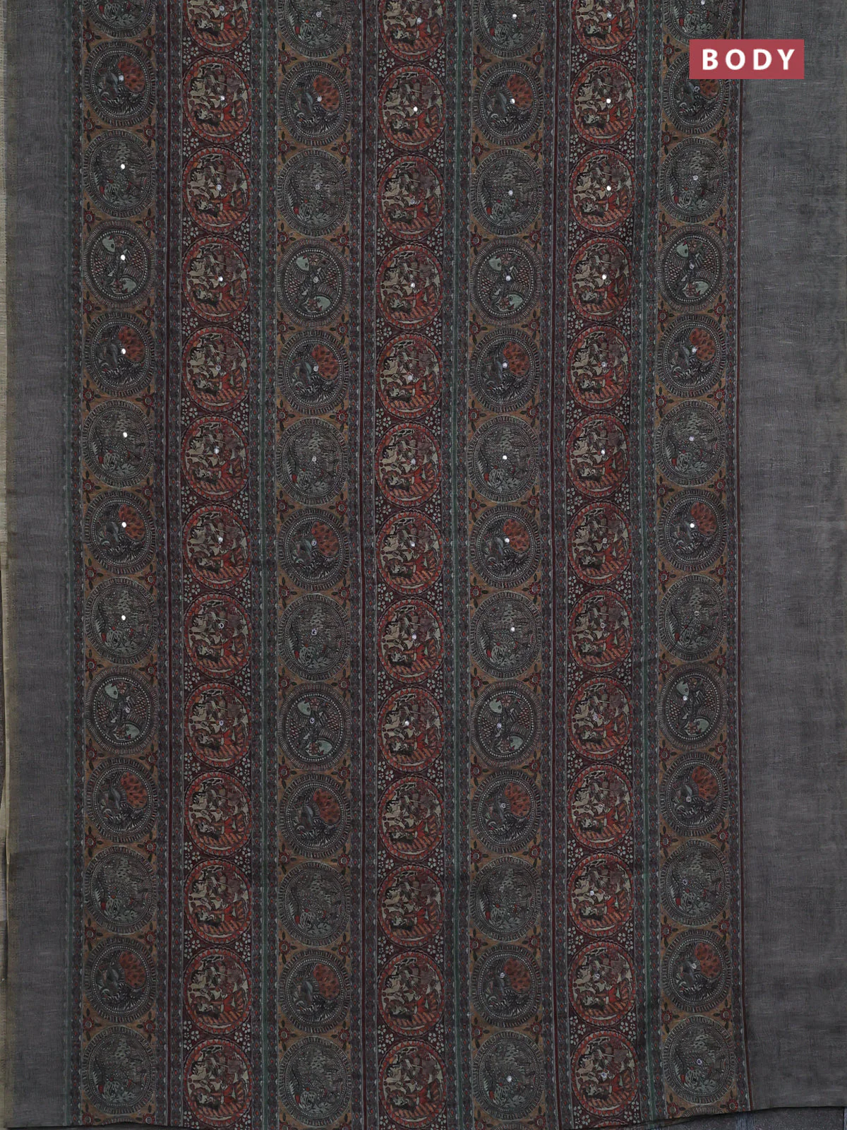 Semi linen saree grey with allover madhubani prints & mirror work - Image 2