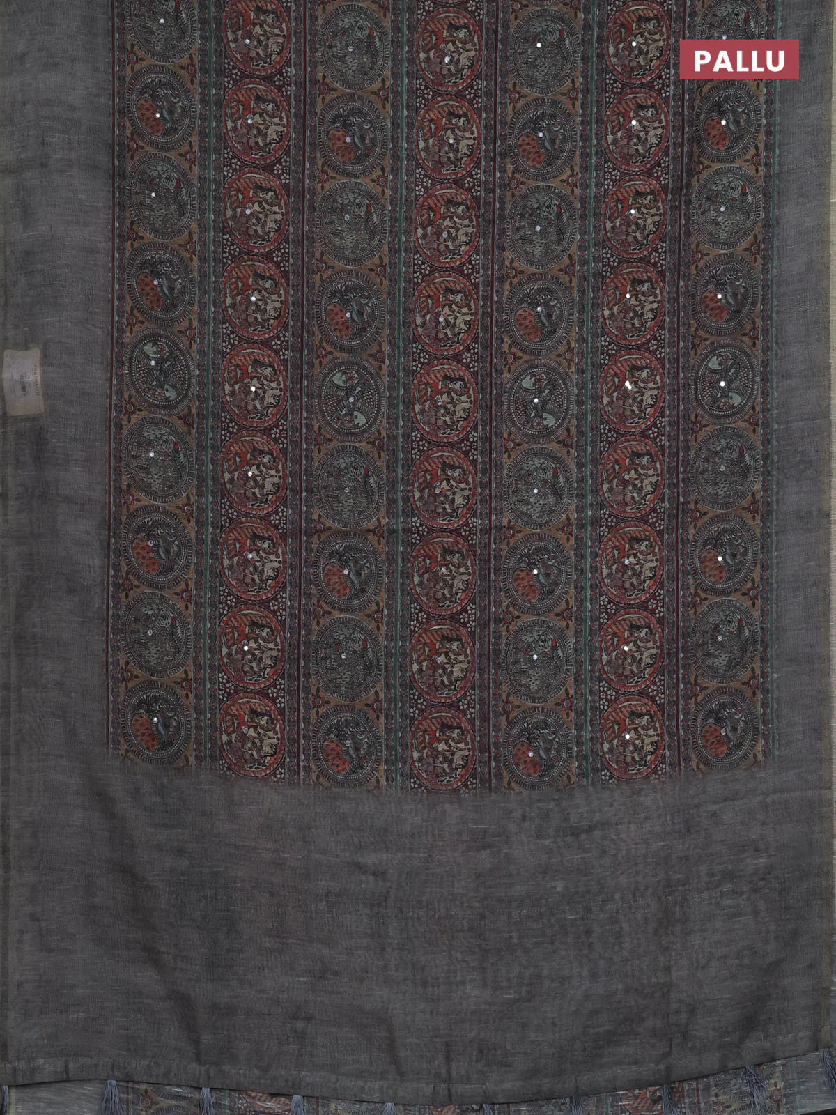 Semi linen saree grey with allover madhubani prints & mirror work - Image 3
