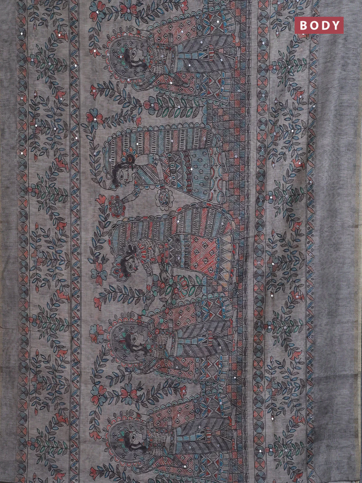 Semi linen saree grey with allover madhubani prints & mirror work - Image 2