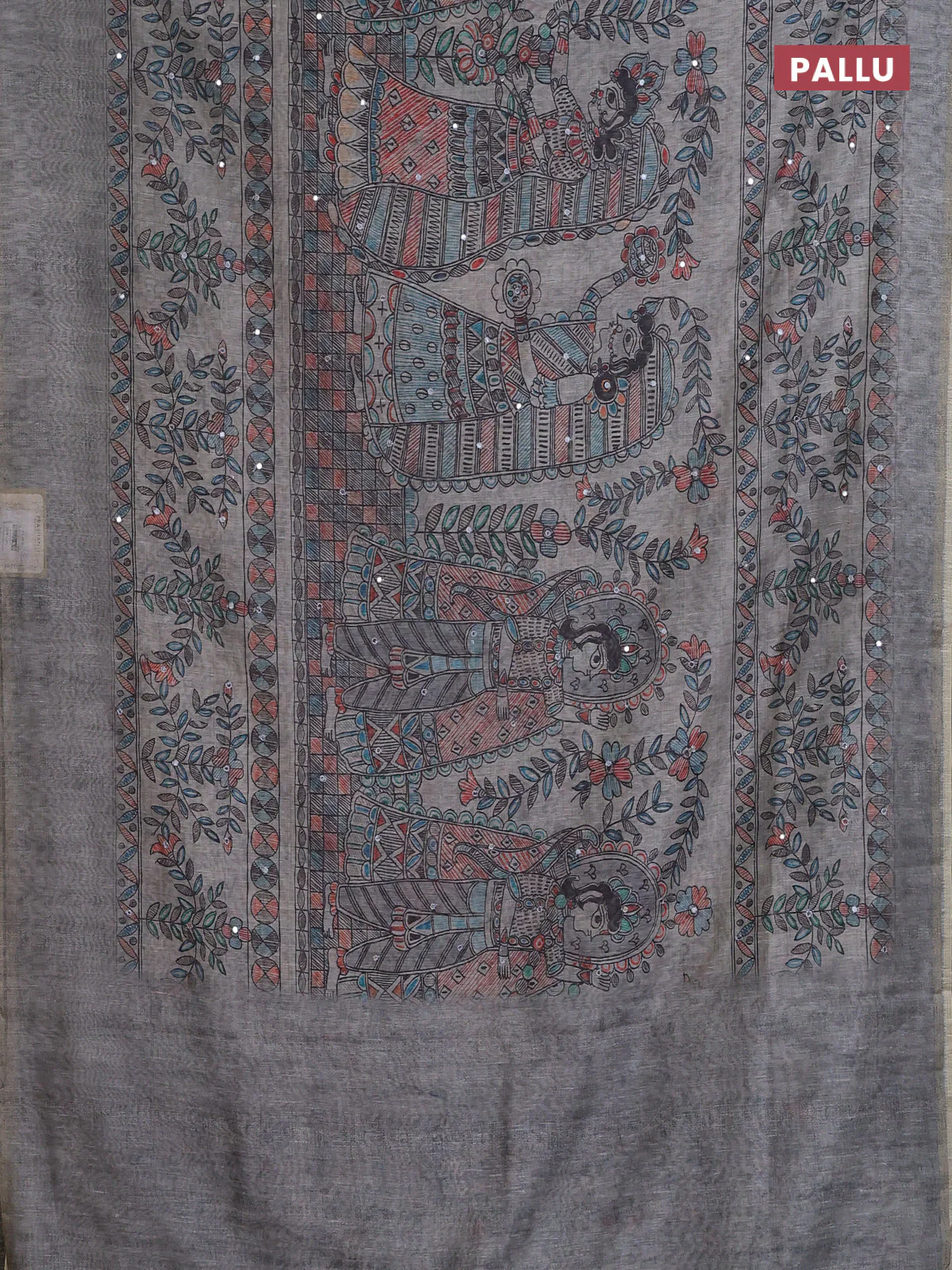 Semi linen saree grey with allover madhubani prints & mirror work - Image 3
