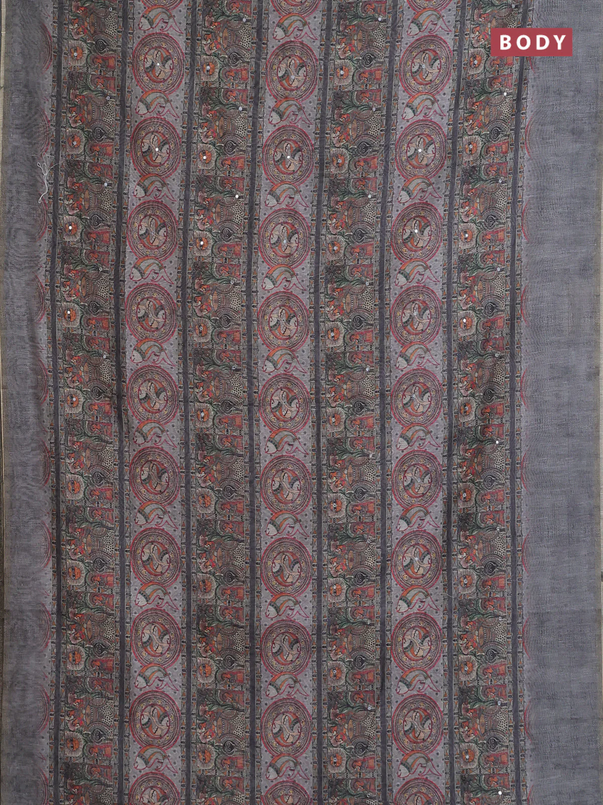 Semi linen saree grey with allover madhubani prints & mirror work - Image 2