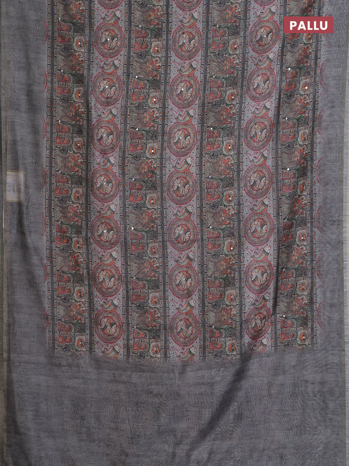 Semi linen saree grey with allover madhubani prints & mirror work - Image 3