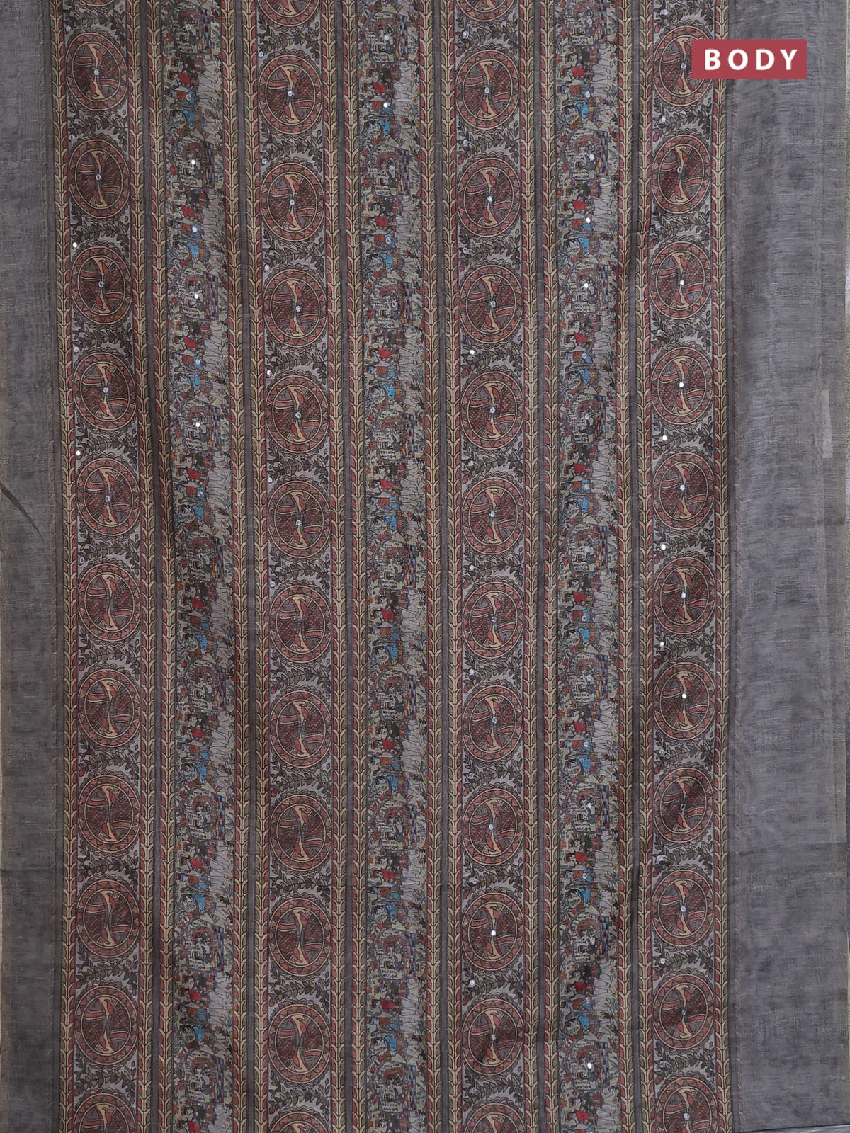 Semi linen saree grey with allover madhubani prints & mirror work - Image 2