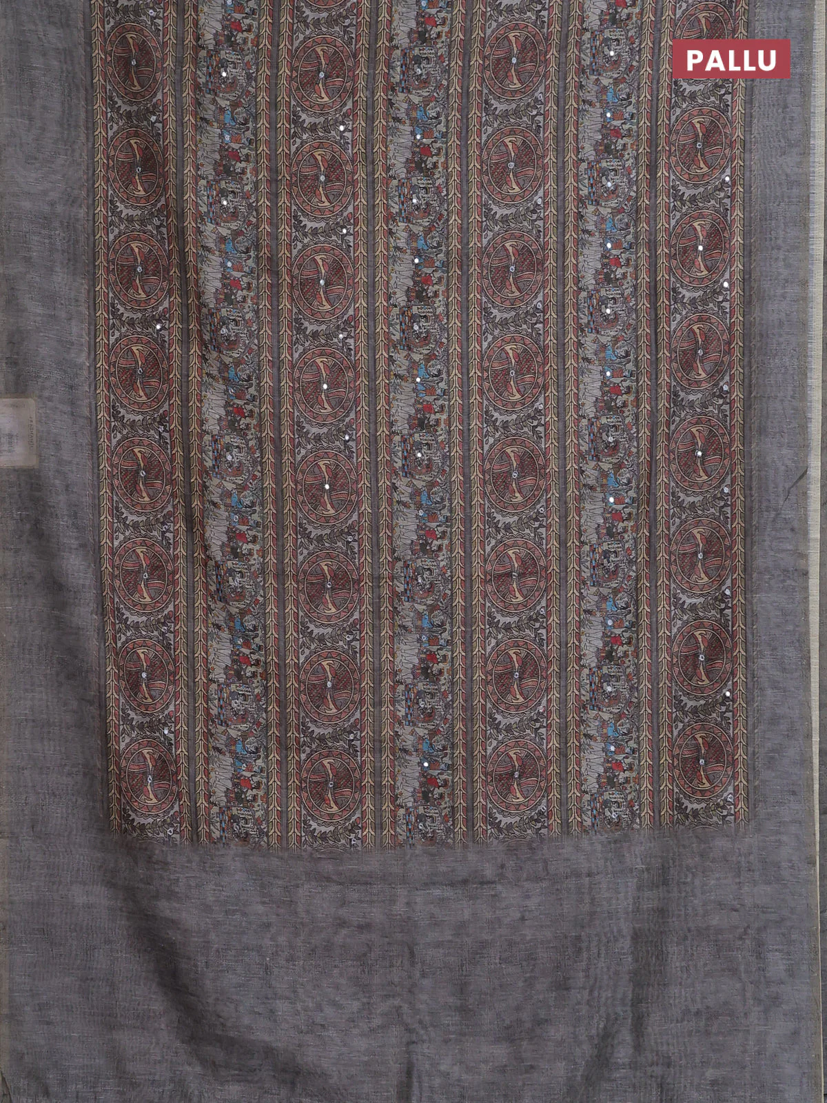 Semi linen saree grey with allover madhubani prints & mirror work - Image 3