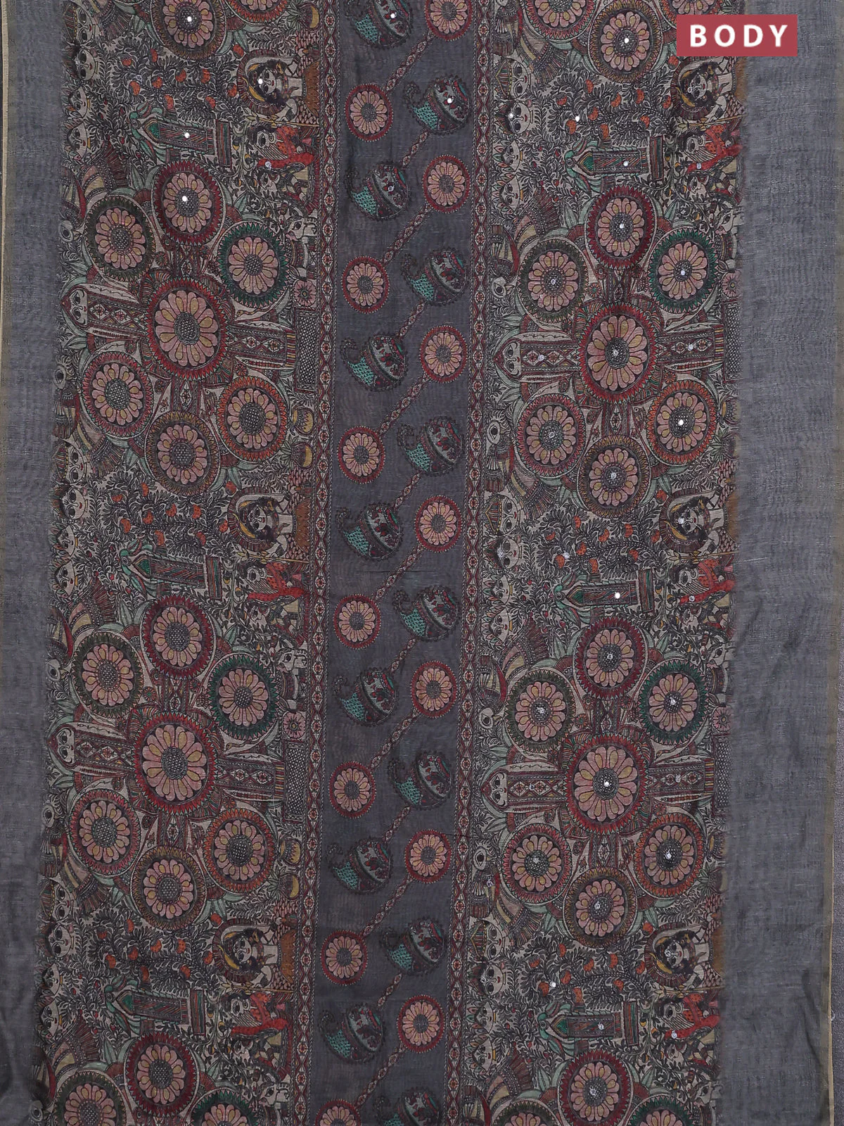 Semi linen saree grey with allover madhubani prints & mirror work - Image 2