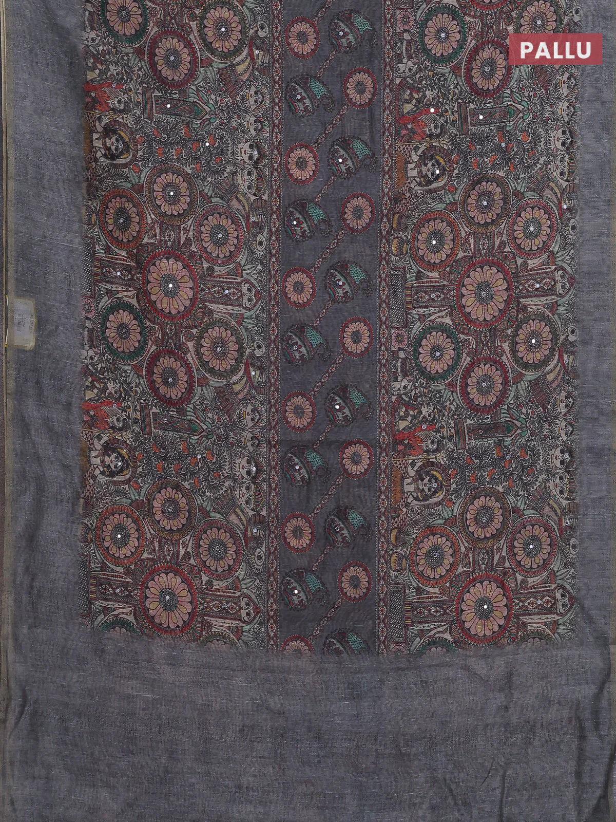 Semi linen saree grey with allover madhubani prints & mirror work - Image 3
