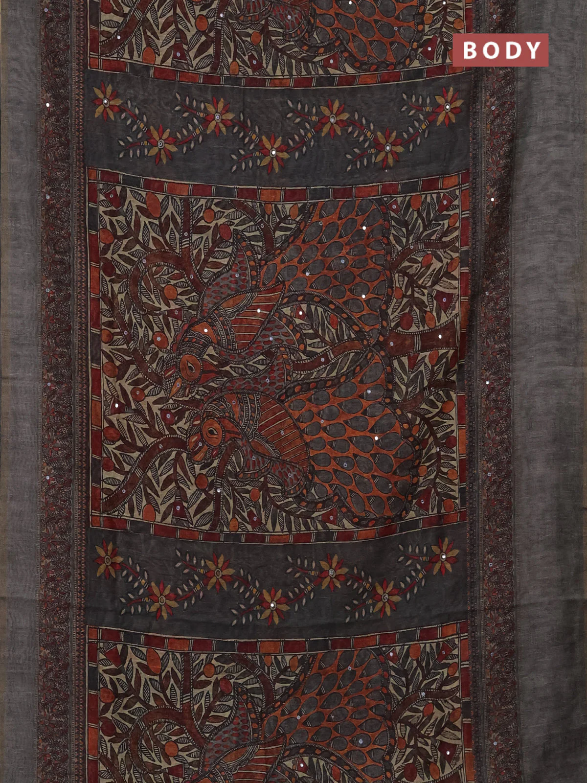 Semi linen saree grey with allover madhubani prints & mirror work - Image 2