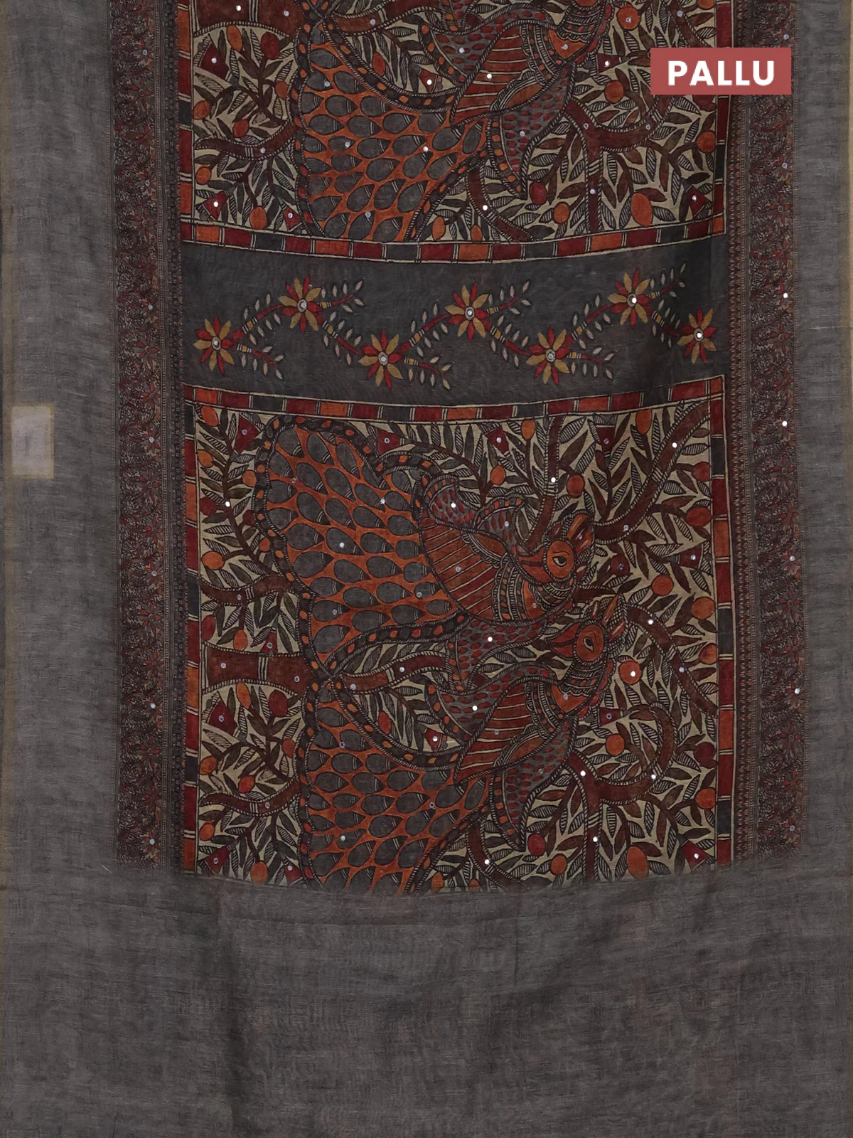 Semi linen saree grey with allover madhubani prints & mirror work - Image 3