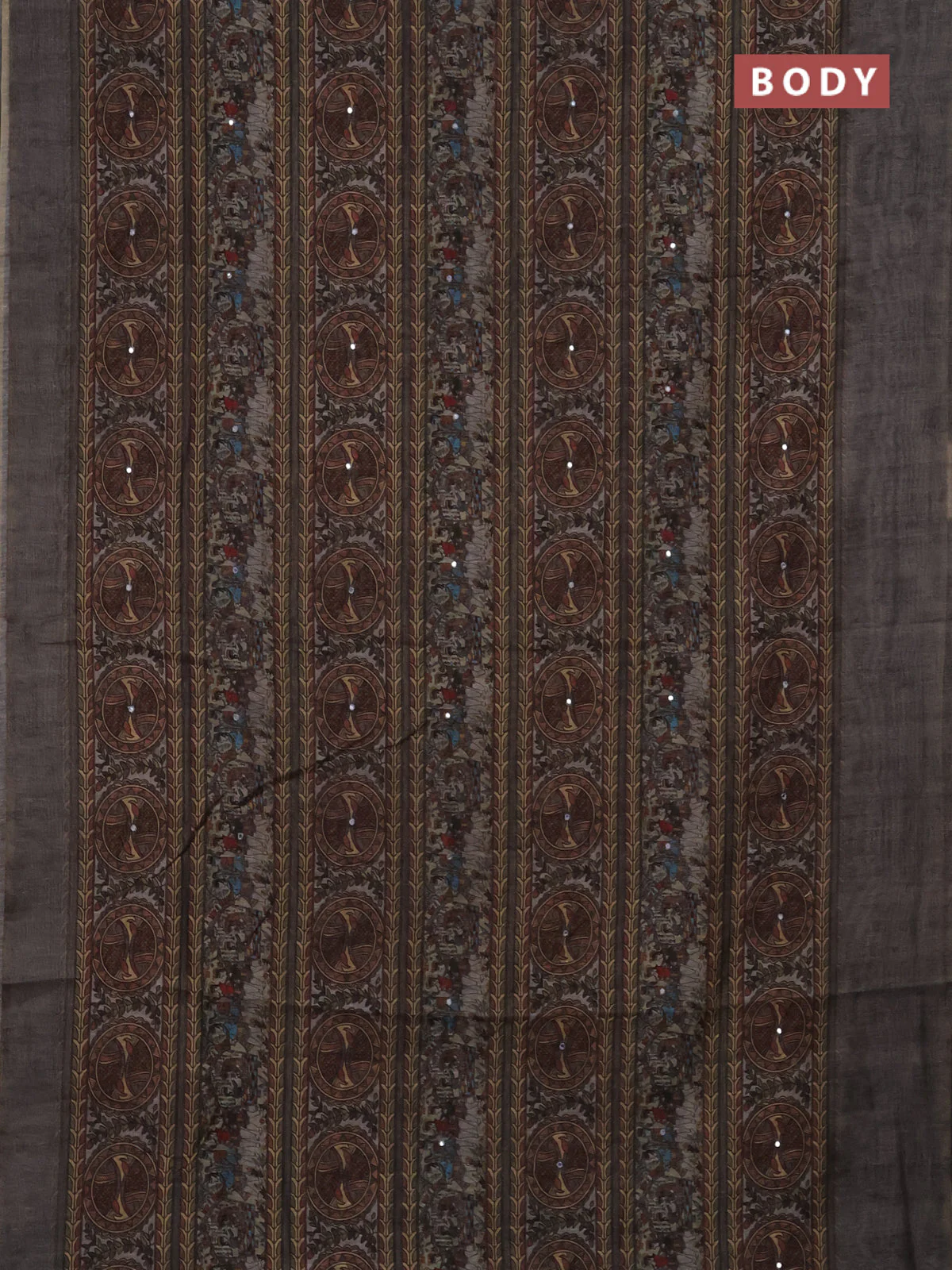Semi linen saree grey with allover madhubani prints & mirror work - Image 2