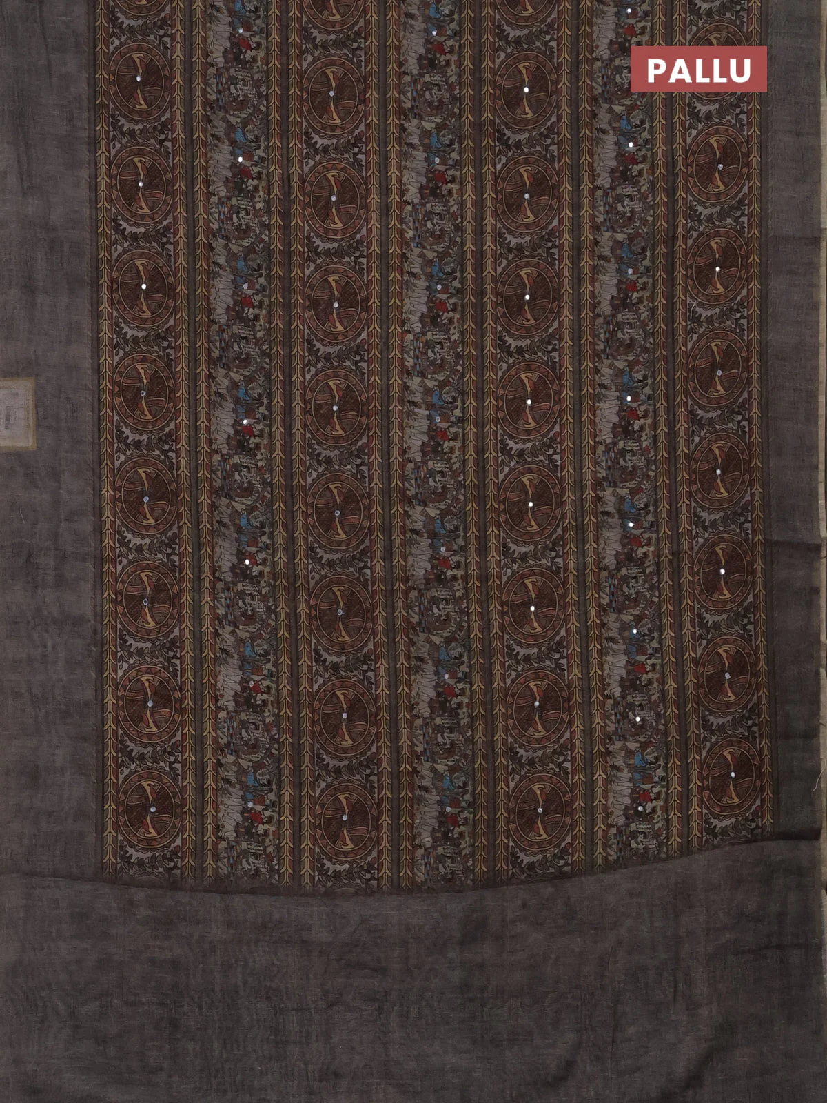 Semi linen saree grey with allover madhubani prints & mirror work - Image 3