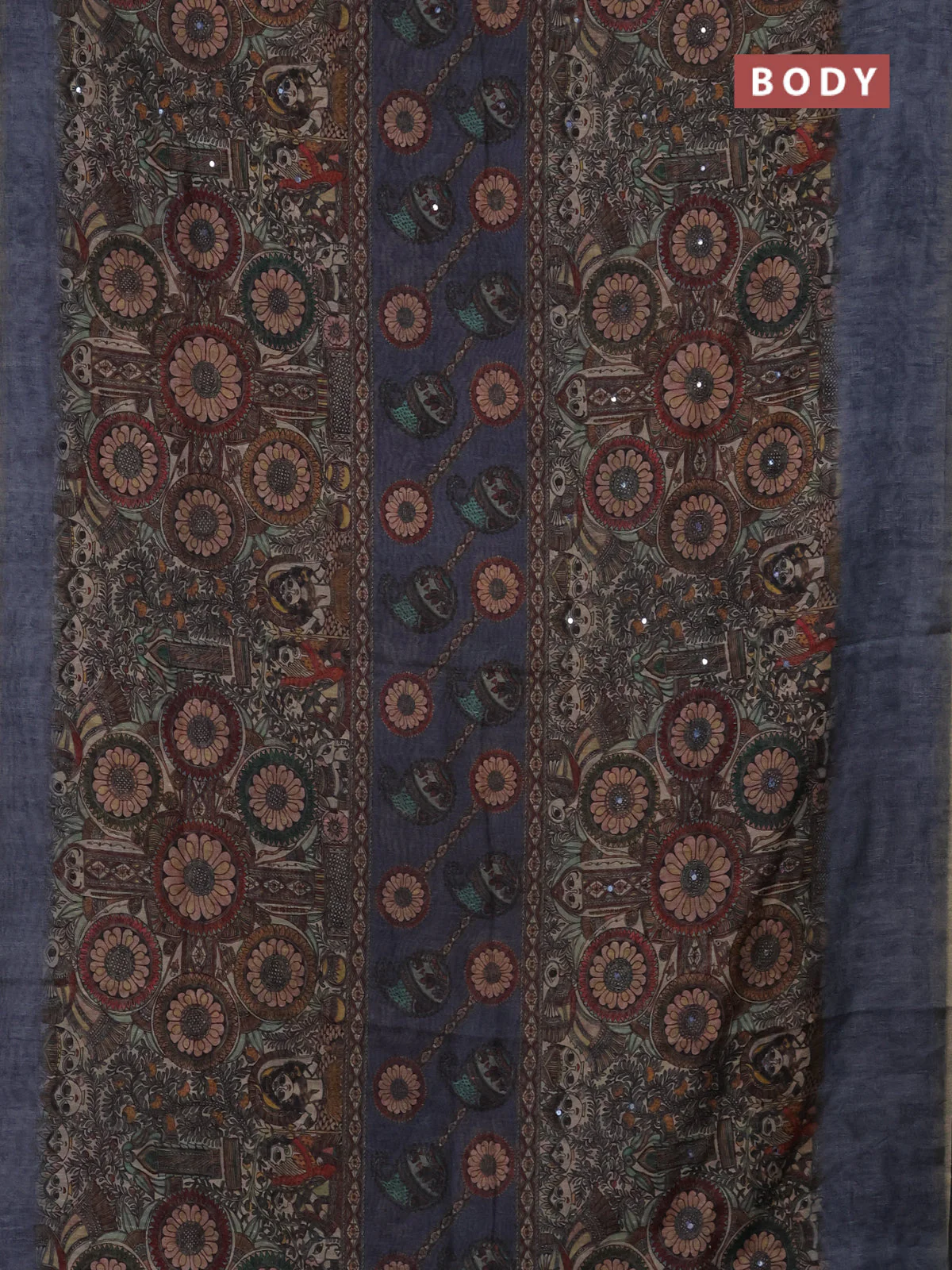 Semi linen saree greyish blue with allover madhubani prints & mirror work - Image 2