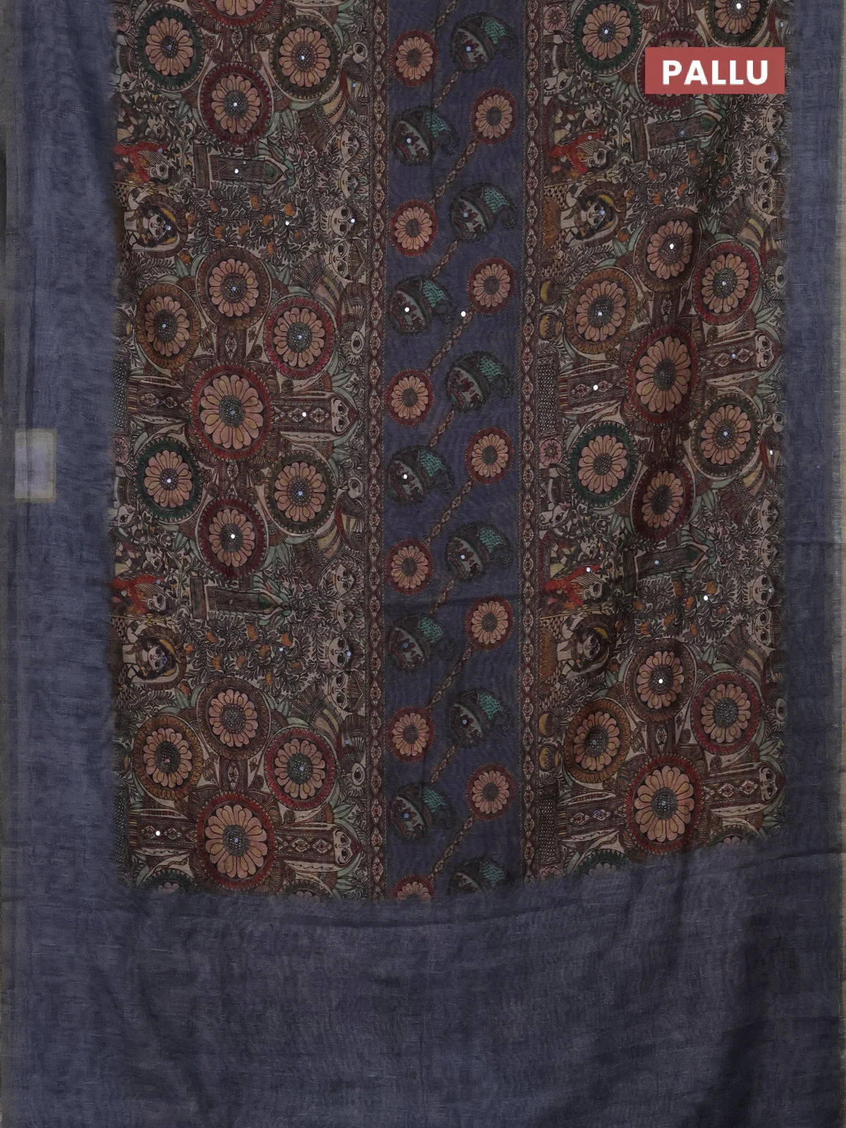 Semi linen saree greyish blue with allover madhubani prints & mirror work - Image 3