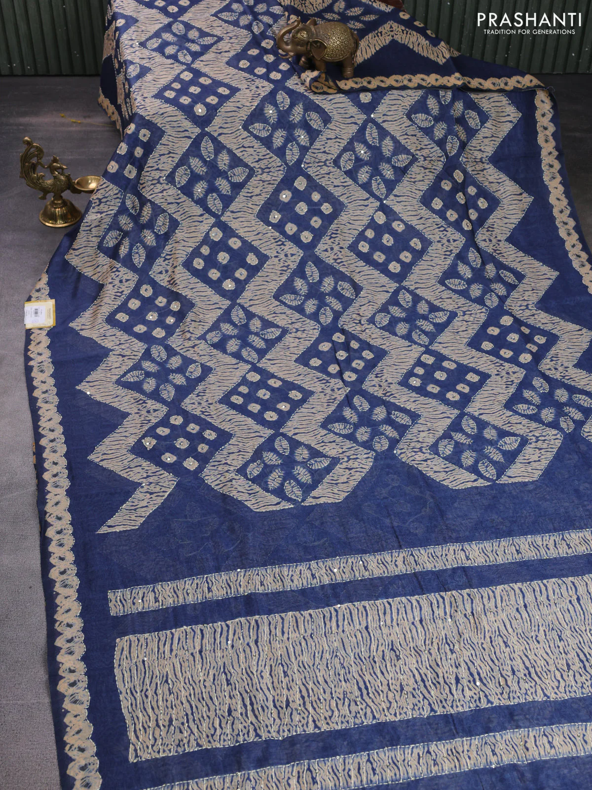 Semi linen saree indigo blue and beige with allover batik shibori prints & kantha stitch work - Image 2