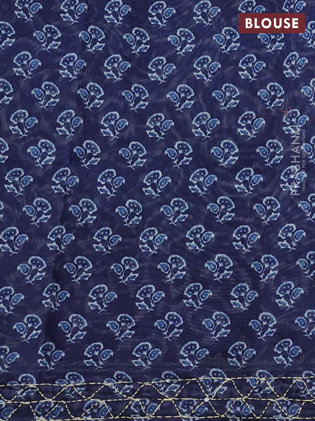 Semi linen saree indigo blue with allover prints & kantha stitch work - Image 3