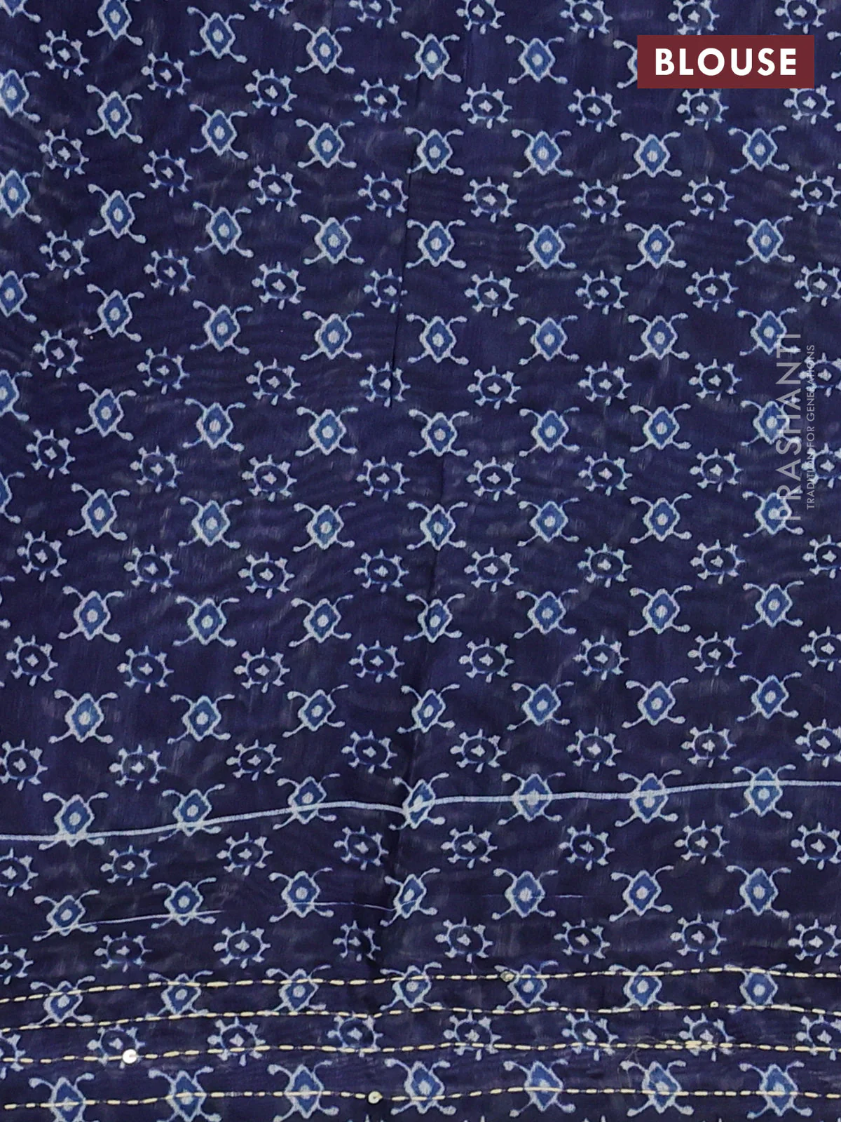 Semi linen saree indigo blue with allover prints & kantha stitch work - Image 3