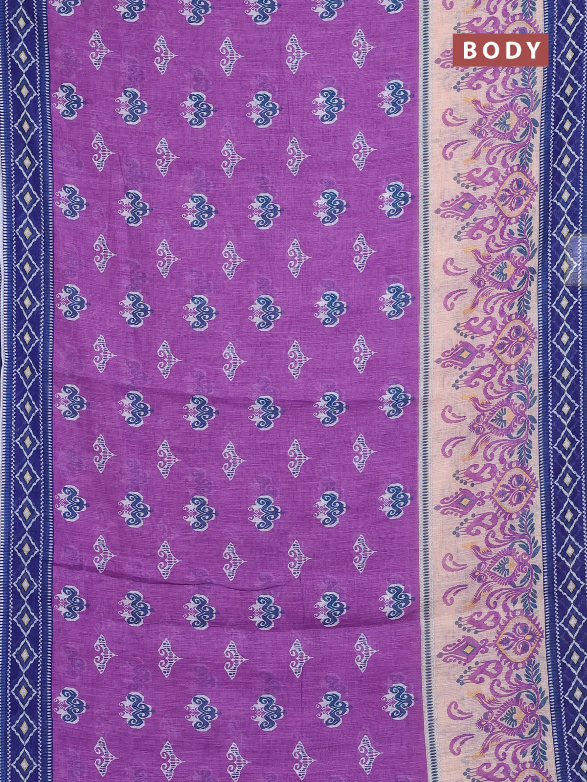 Semi linen saree lavender and blue with allover ikat butta prints and printed border - Image 2