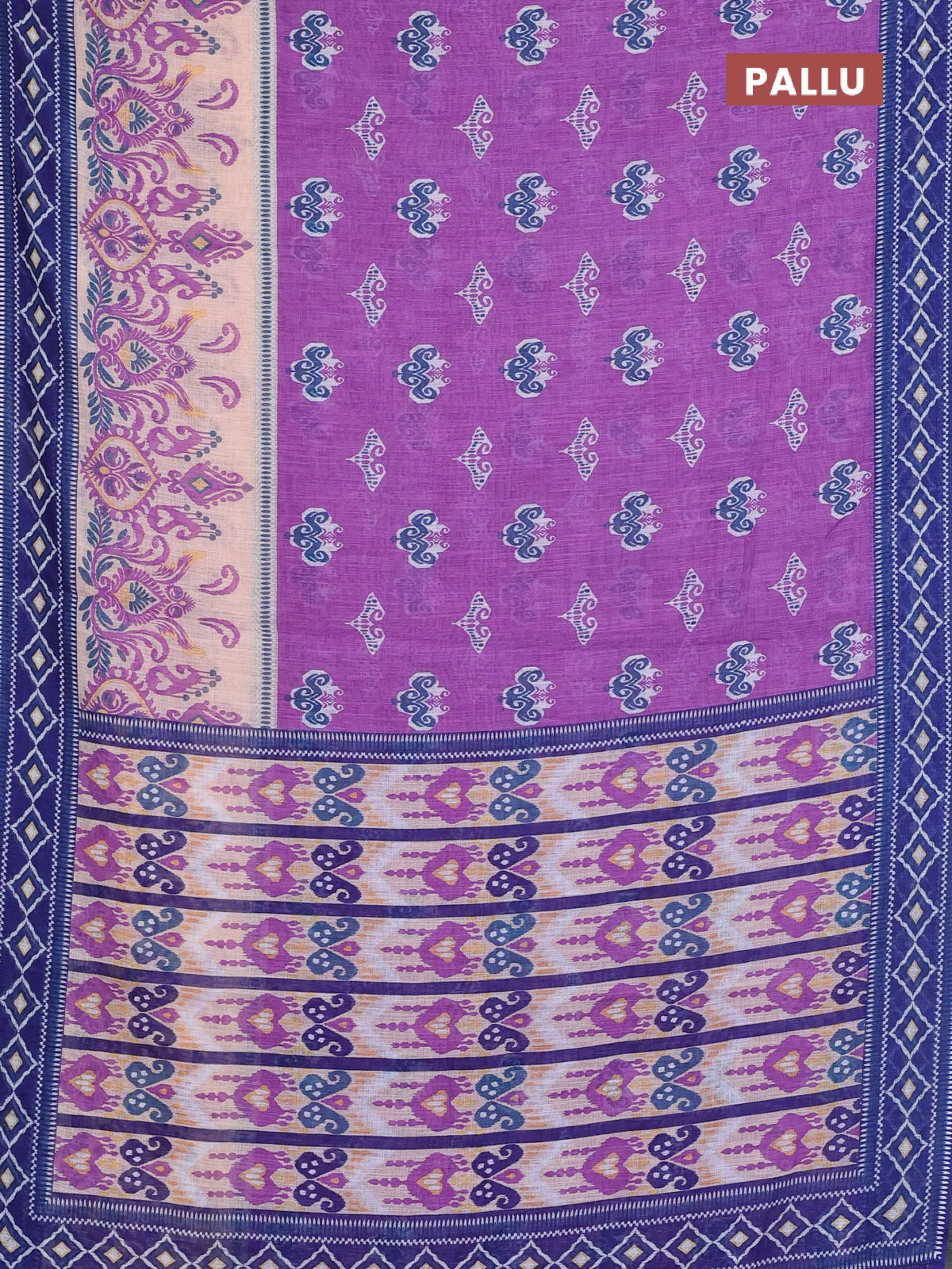 Semi linen saree lavender and blue with allover ikat butta prints and printed border - Image 3