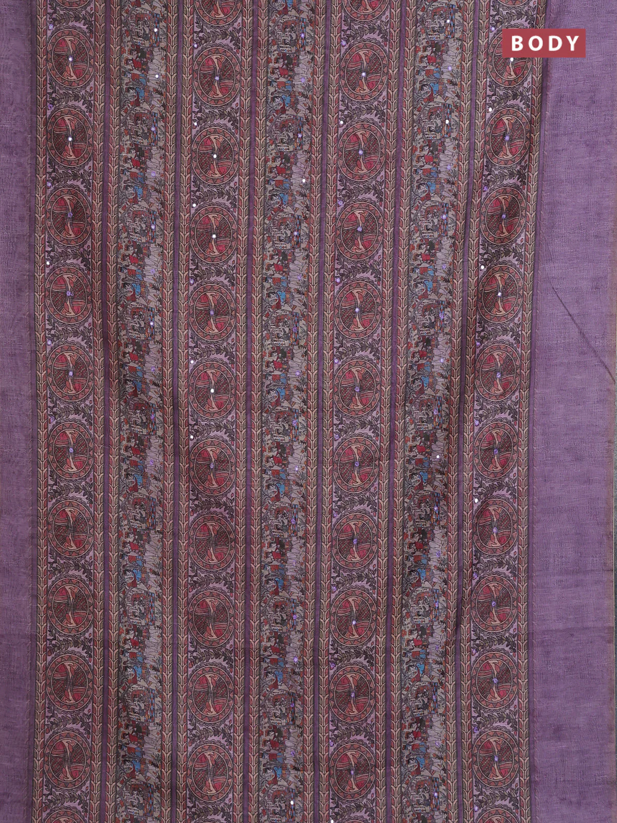 Semi linen saree lavender with allover madhubani prints & mirror work - Image 2